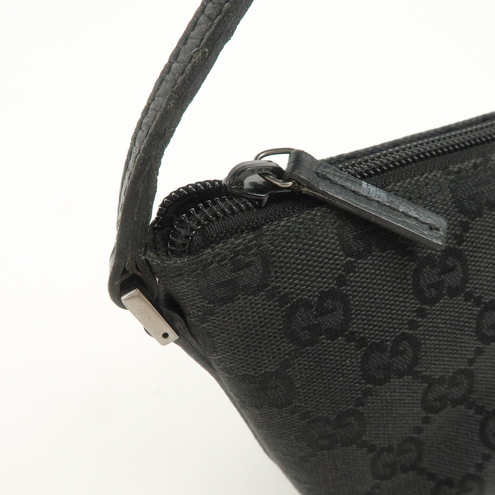 GUCCI Logo GG Canvas Leather Boat Bag Hand Bag Black 07198