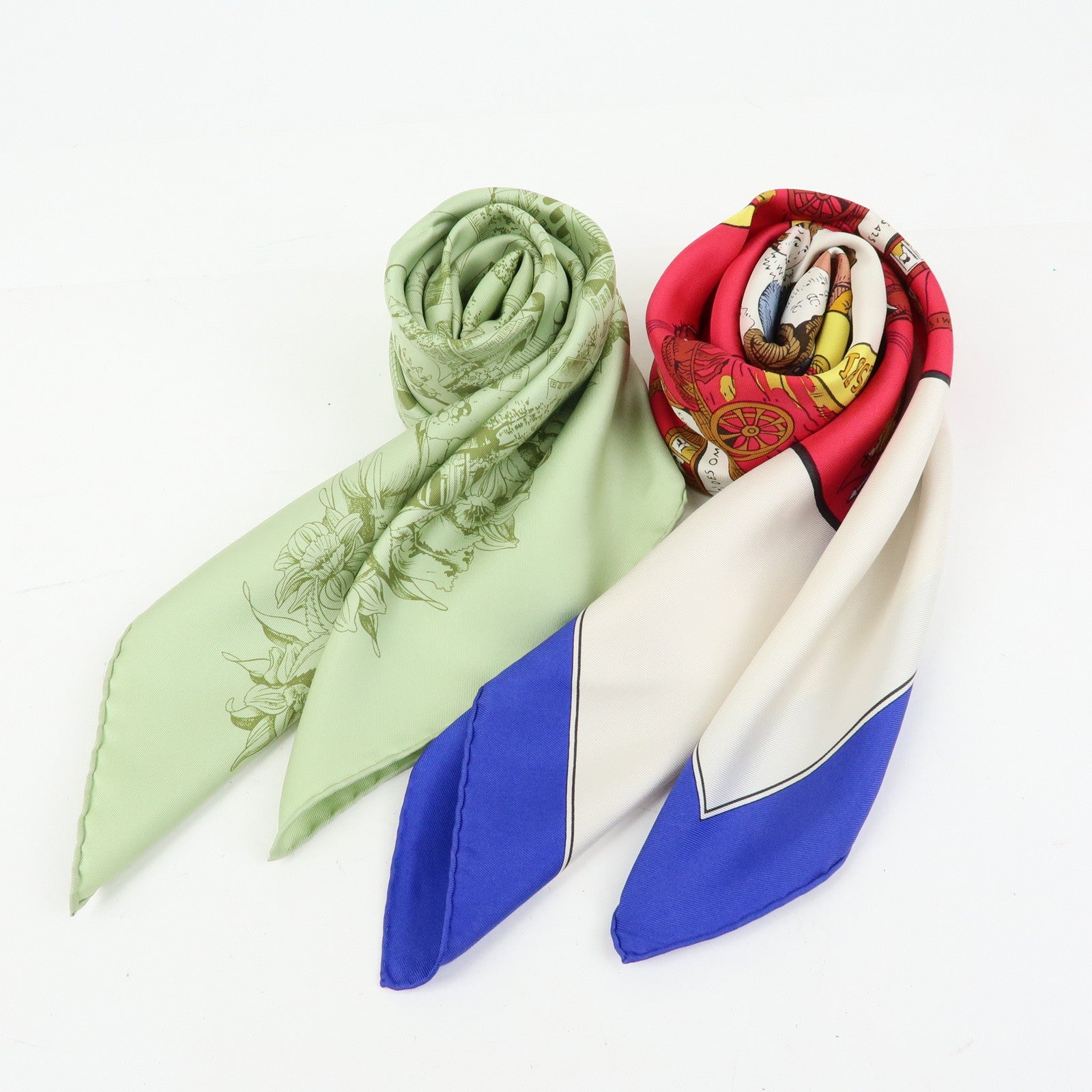 HERMES Carre 90 Set of 2 Silk 100% Scarf Green Red