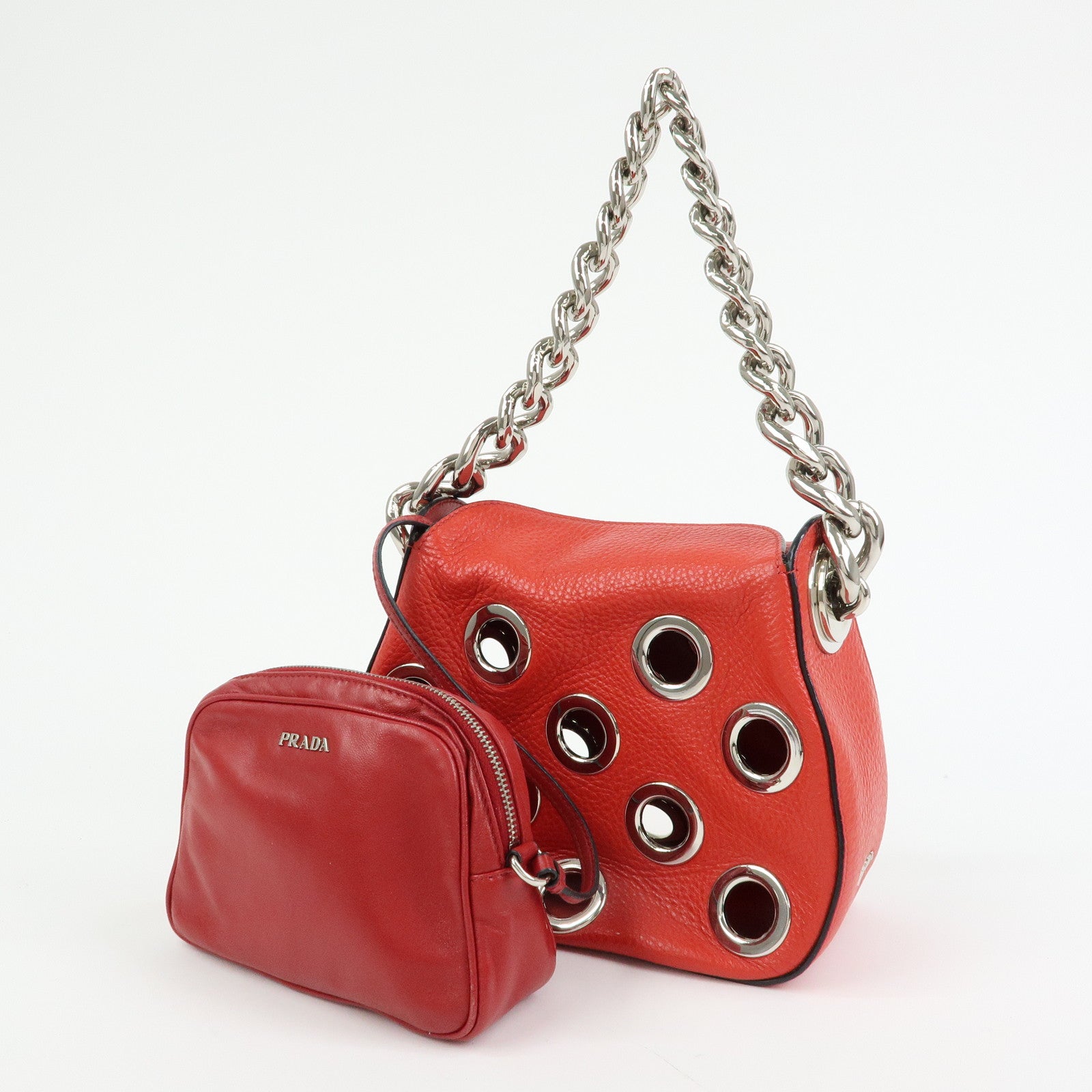 PRADA Grommet Leather Chain Shoulder Bag Hand Bag Red