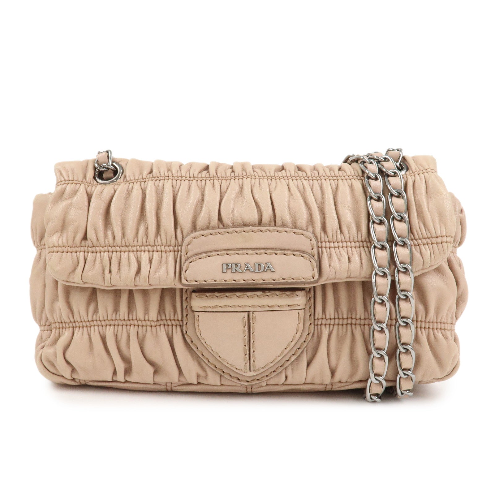 PRADA Leather Gathered Chain Shoulder Bag Pink Beige B4695C