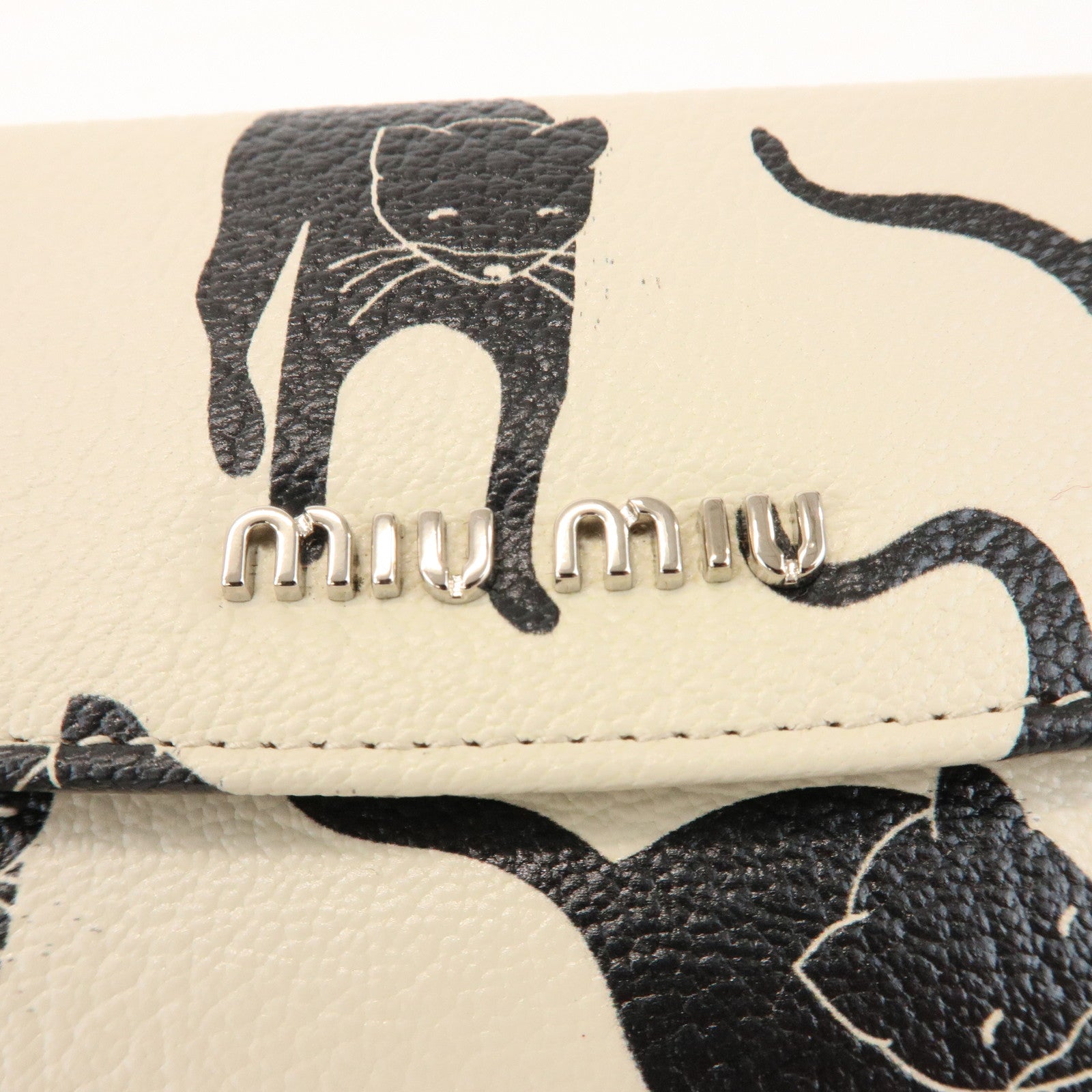 MIU MIU Leather Bi-fold Compact Wallet Black Cat Ivory 5ML225