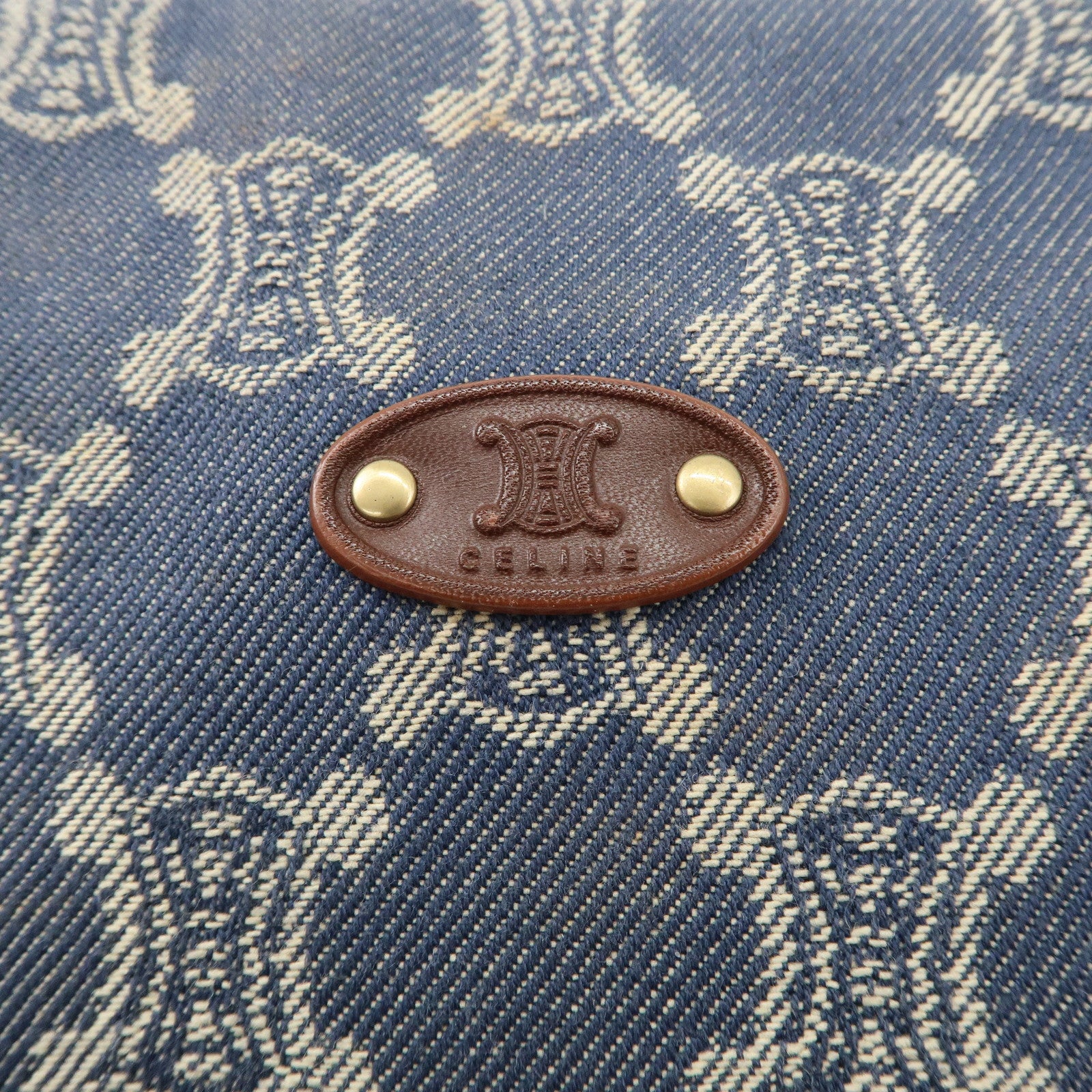 CELINE Macadam Studs Denim Leather Shoulder Bag Dark Brown Navy Used