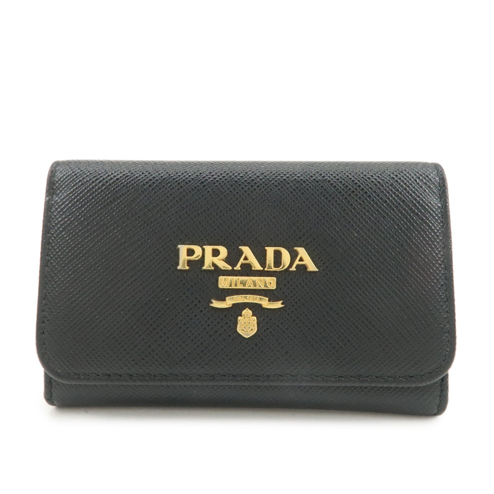 PRADA Logo Saffiano Leather Key Case Key Holder Black