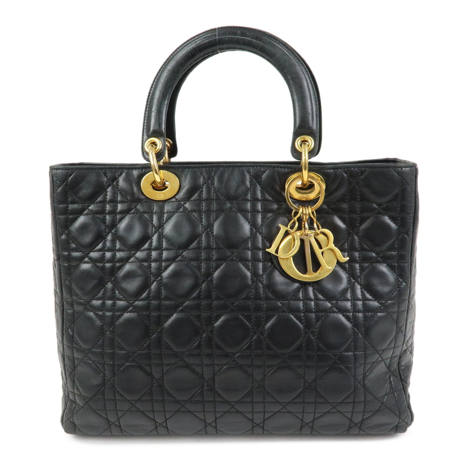 Christian Dior Canage Lady Dior Lamb Skin Hand Bag Black