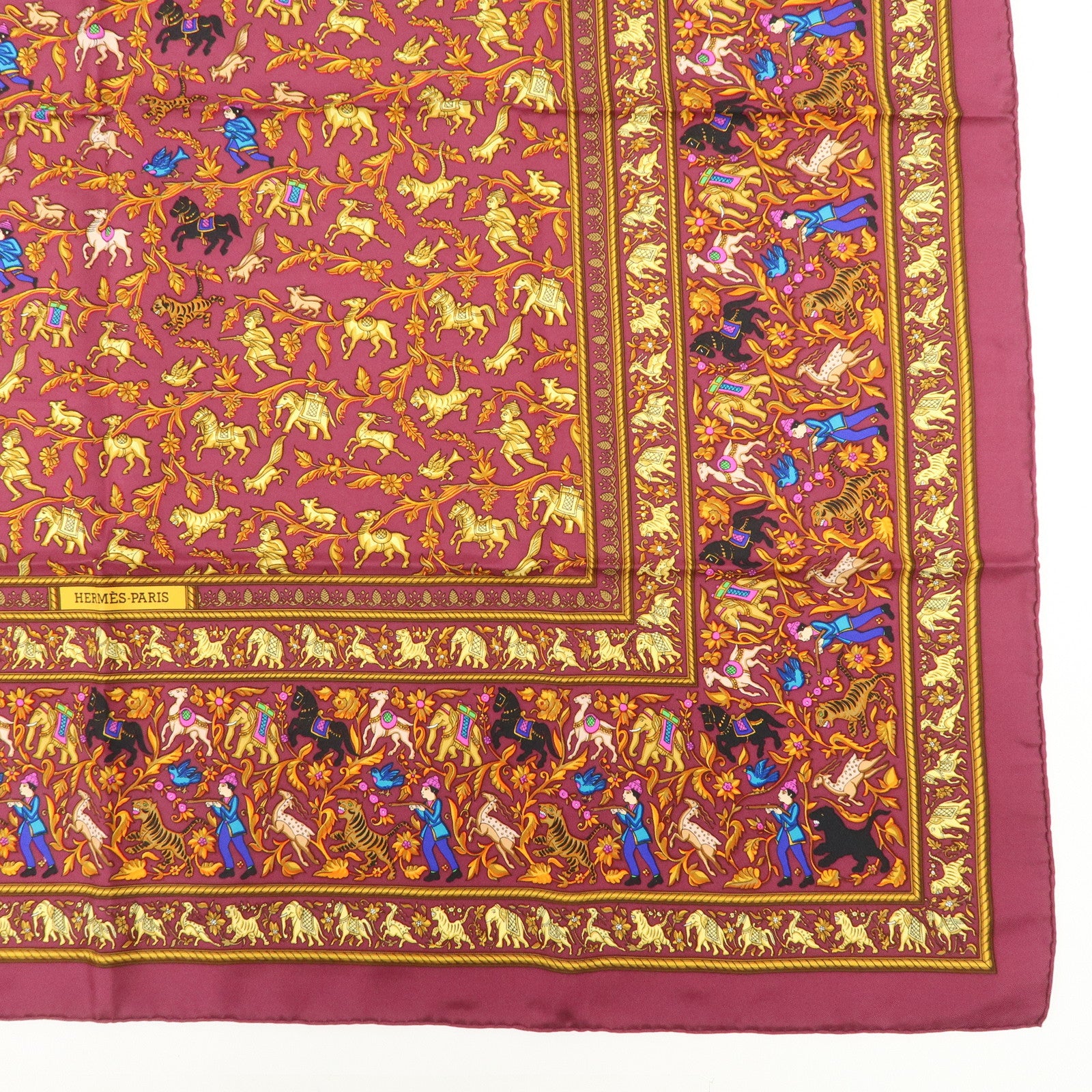 HERMES Carre 90 Silk 100% Scarf CHASSE EN INDE Bordeaux