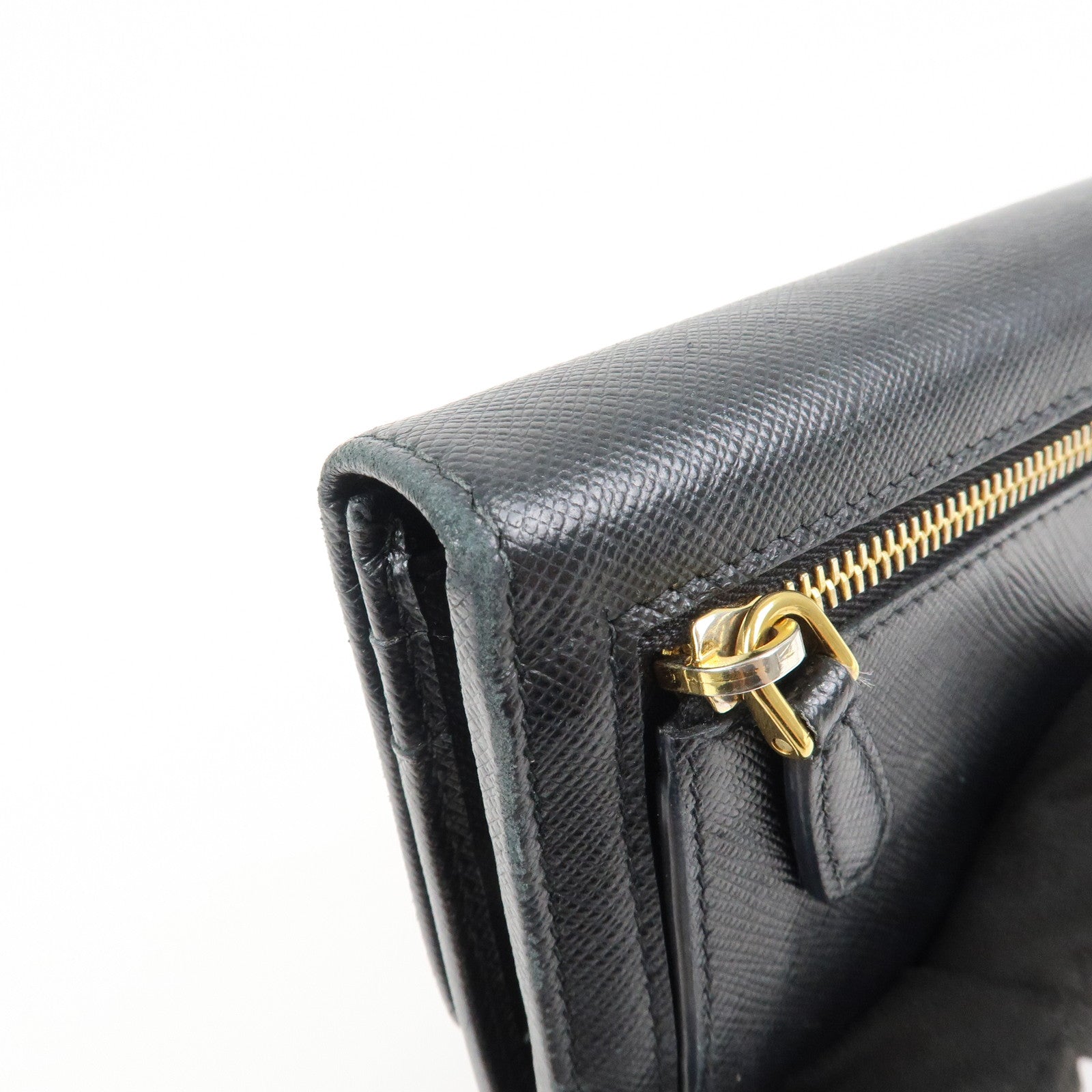 PRADA Logo Saffiano Leather Flap Bi-Fold Long Wallet Black 1MH132