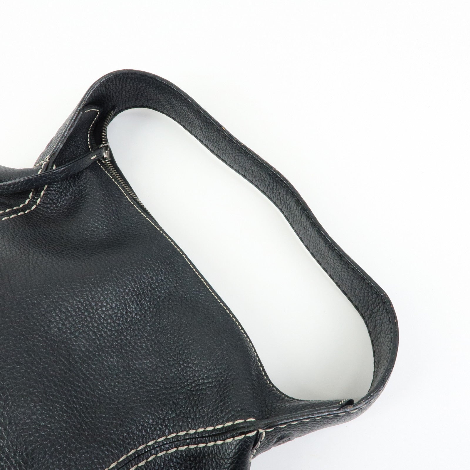 TOD'S Logo Stitches Leather Shoulder Bag Hand Bag Black