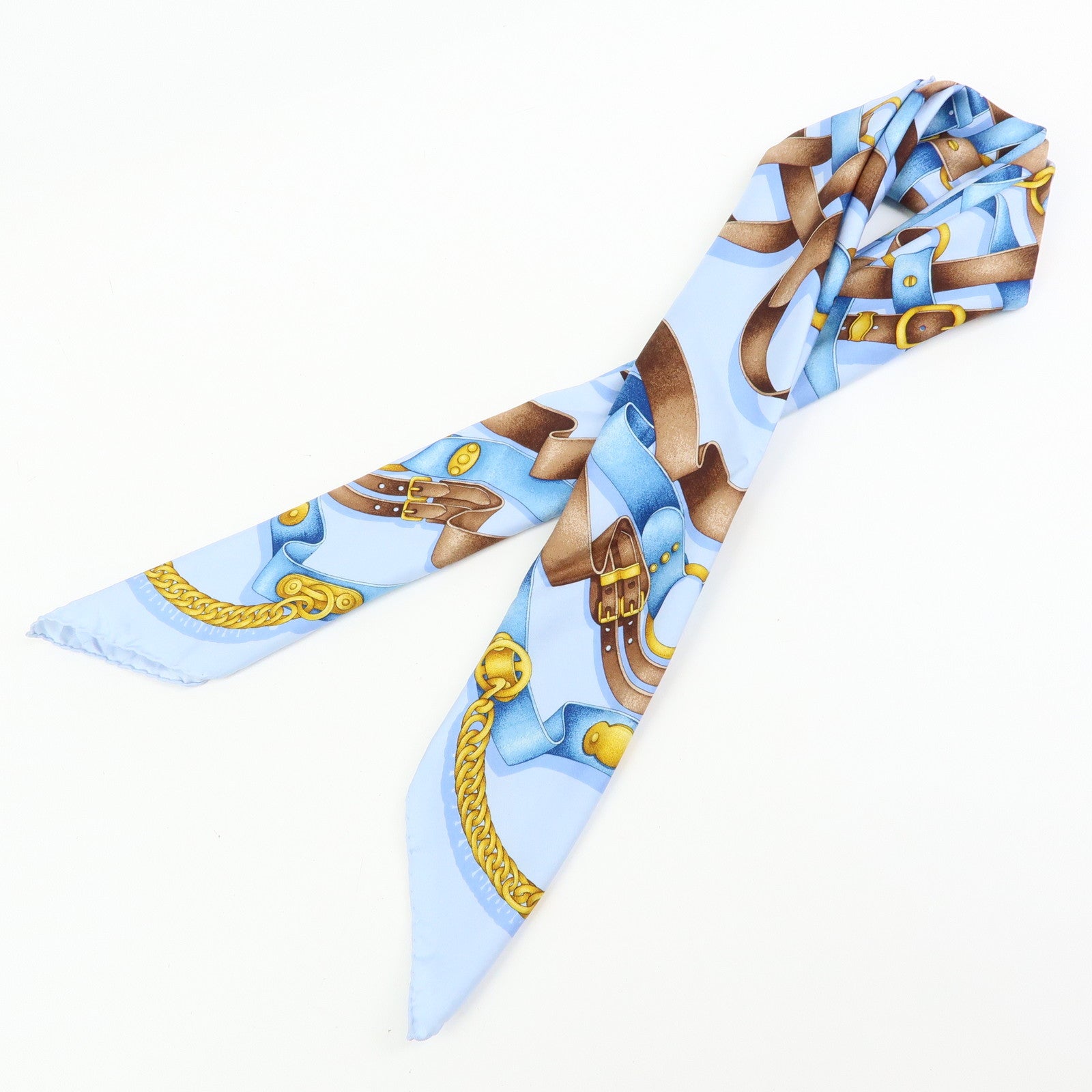 GUCCI Silk 100% Scarf 90x90 Strap Motif Light Blue Brown