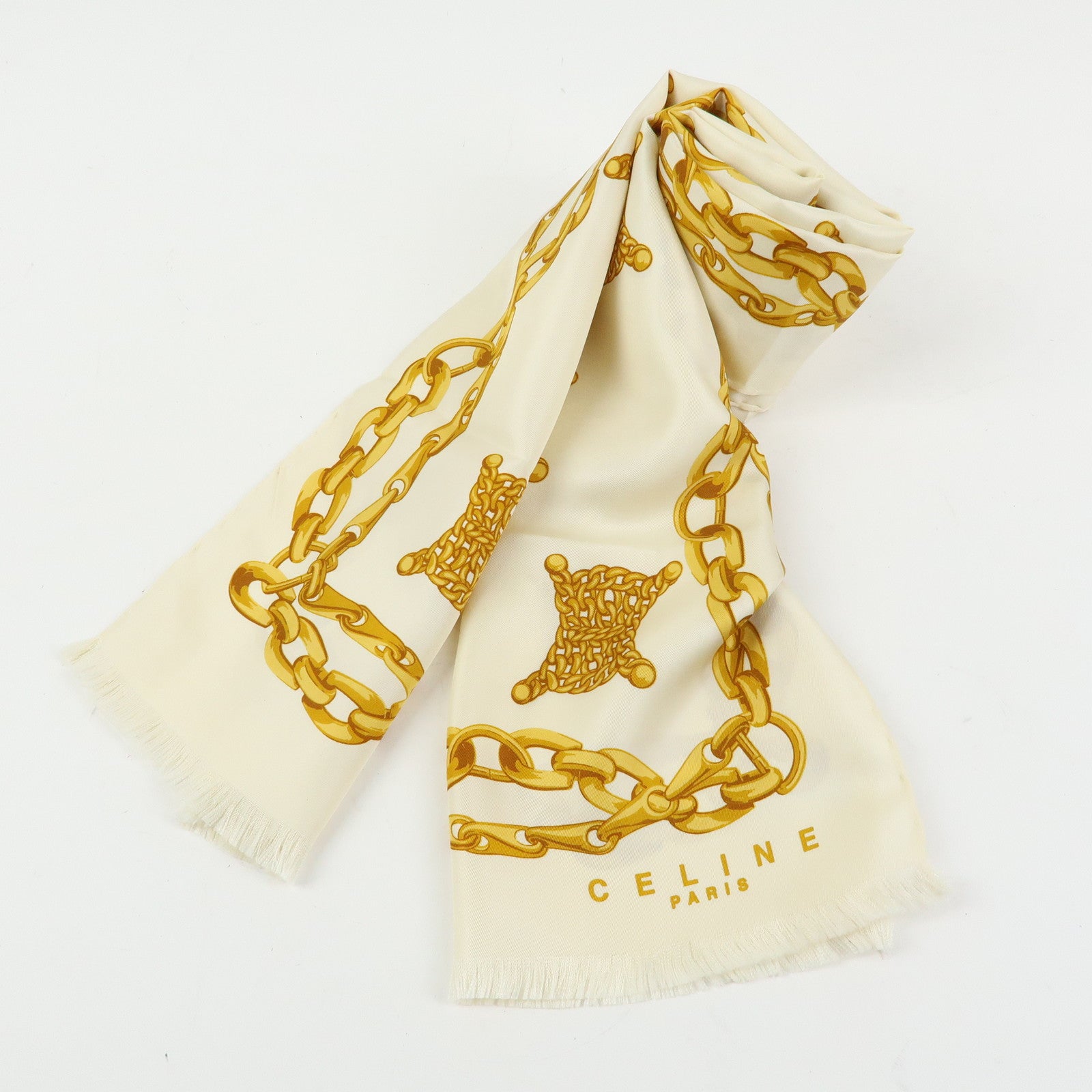 CELINE Macadam Chain Patten Silk 100% Scarf Ivory Gold