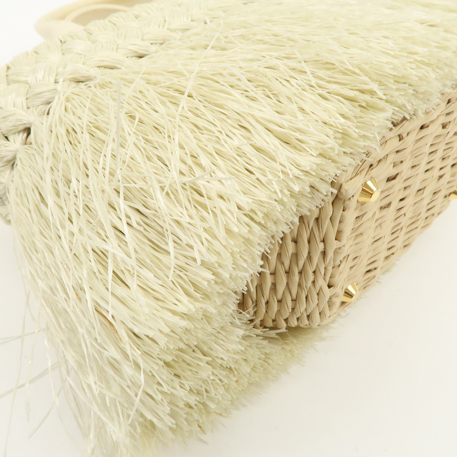 PRADA Logo Raffia Canvas Straw Hand Bag White Gold Charm1BG089