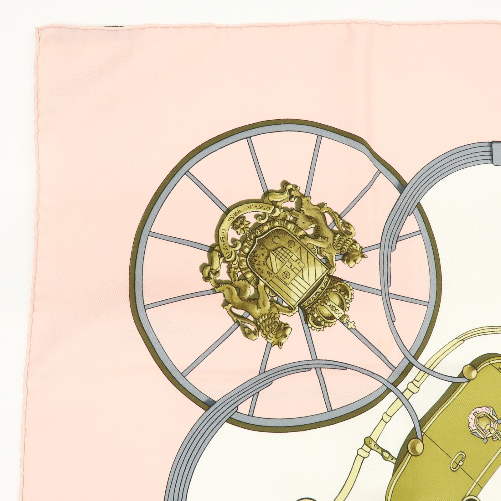 HERMES Carre 90 Silk 100% Scarf SPRINGS Carriage Print Pink White
