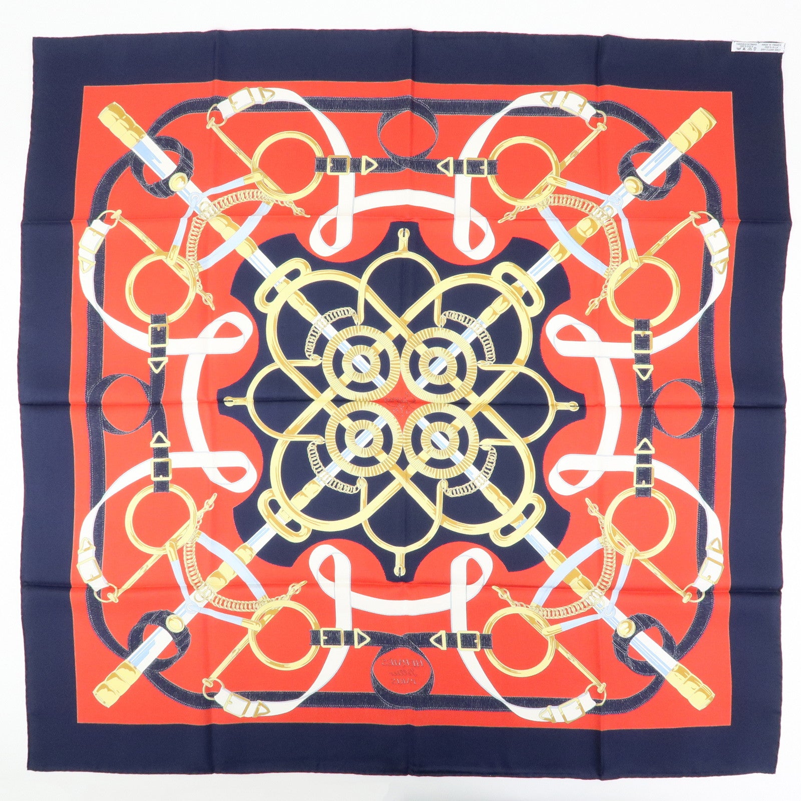 HERMES Carre 90 Silk 100% Scarf  Eperon d'or Navy Red Gold