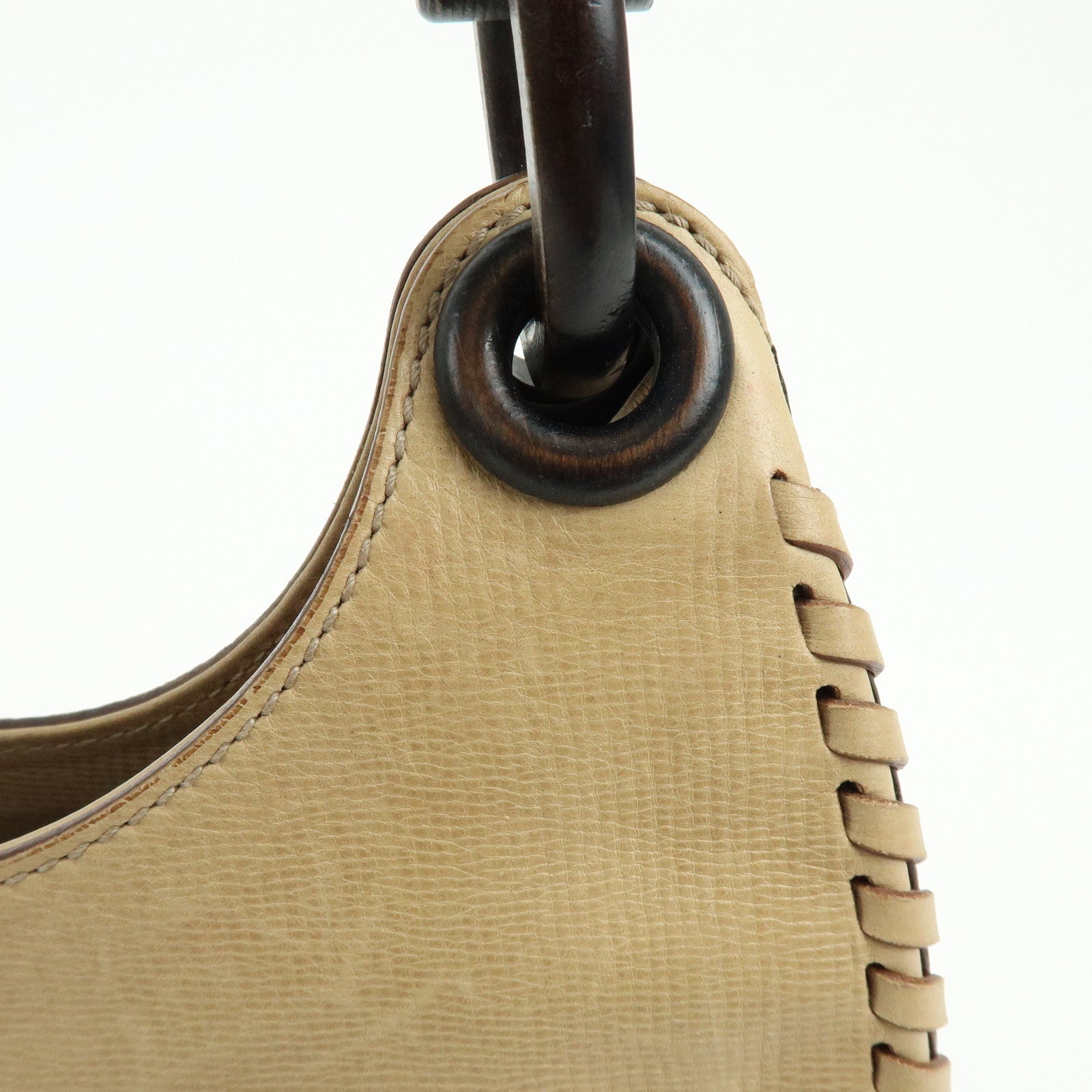 GUCCI Leather Wood Hand Bag Shoulder Bag Beige 106237