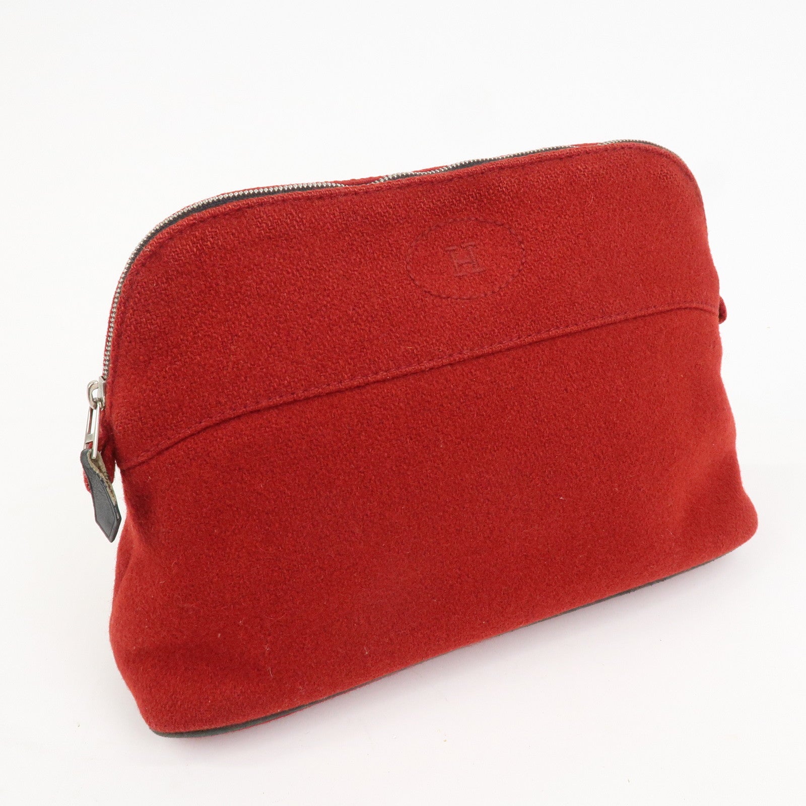 HERMES Wool 100% Leather Bolide Pouch MM Cosmetic Pouch Red