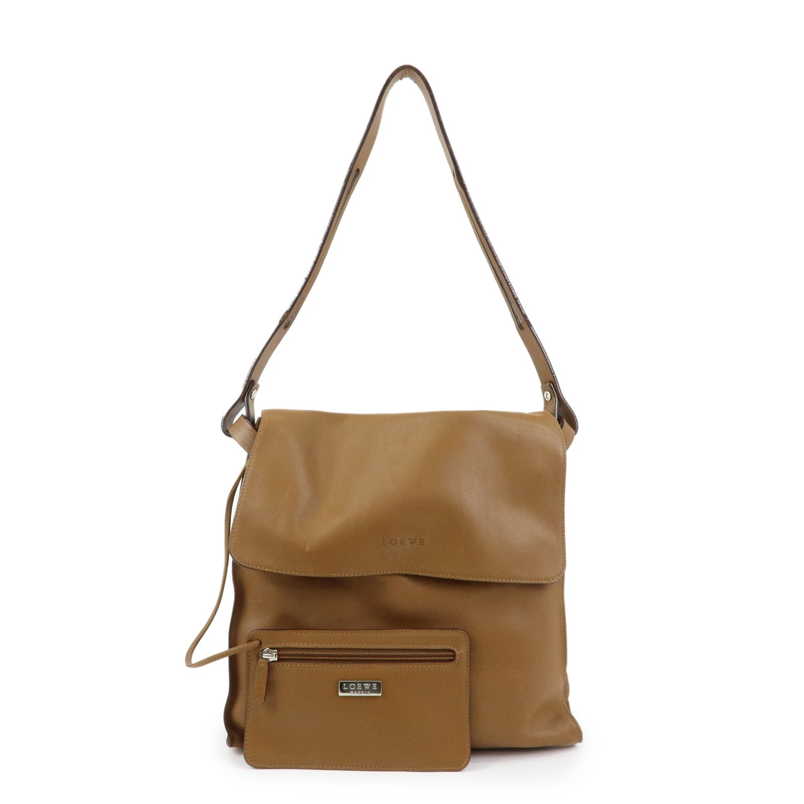LOEWE Logo Leather Flap Shoulder Bag Pouch Brown
