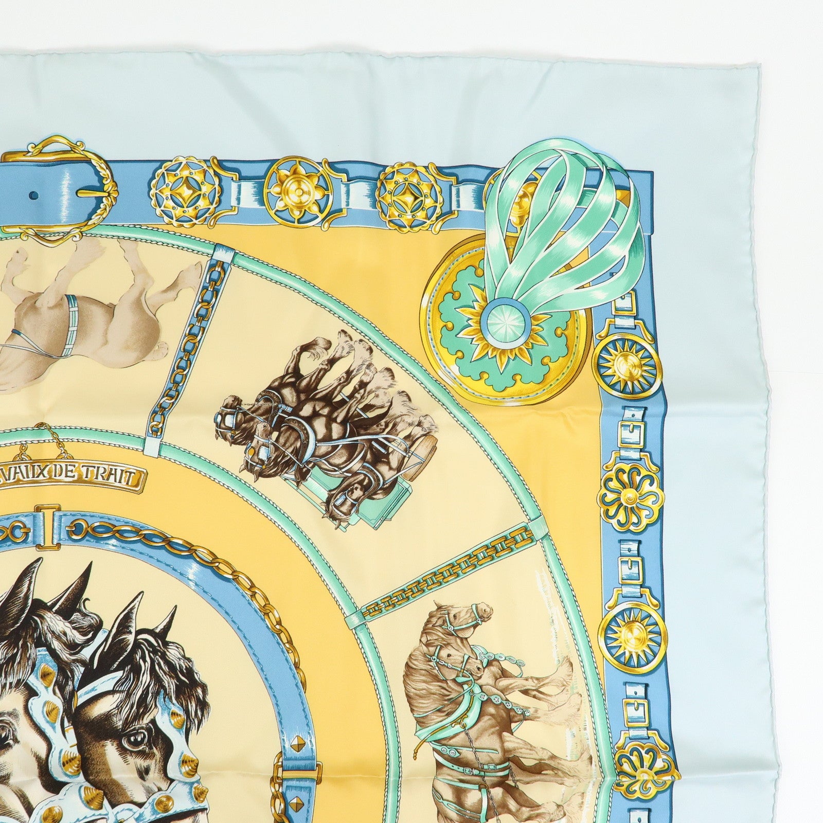 HERMES Carre 90 Silk 100% Scarf CHEVAUX DE TRAIT Light Blue Yellow