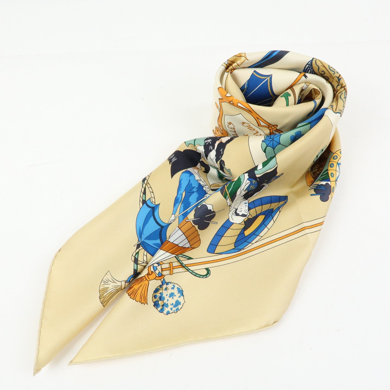 HERMES Carre 90 Silk 100% Scarf OMBRELLES ET PARAPLUIES Beige