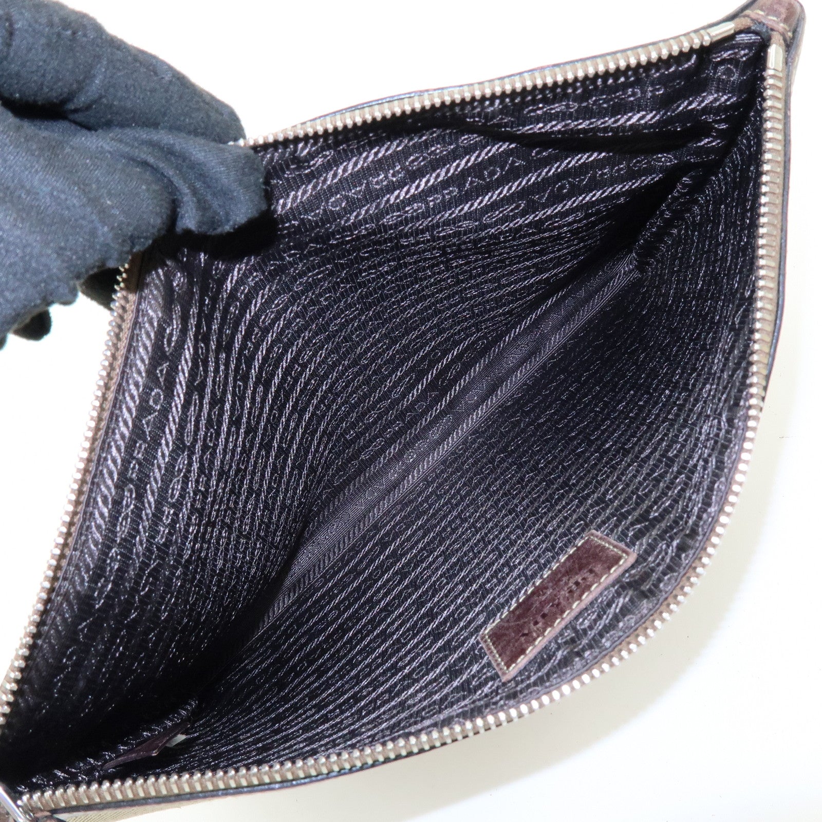 PRADA Logo Jacquard Canvas Leather Clutch Bag Pouch Khaki