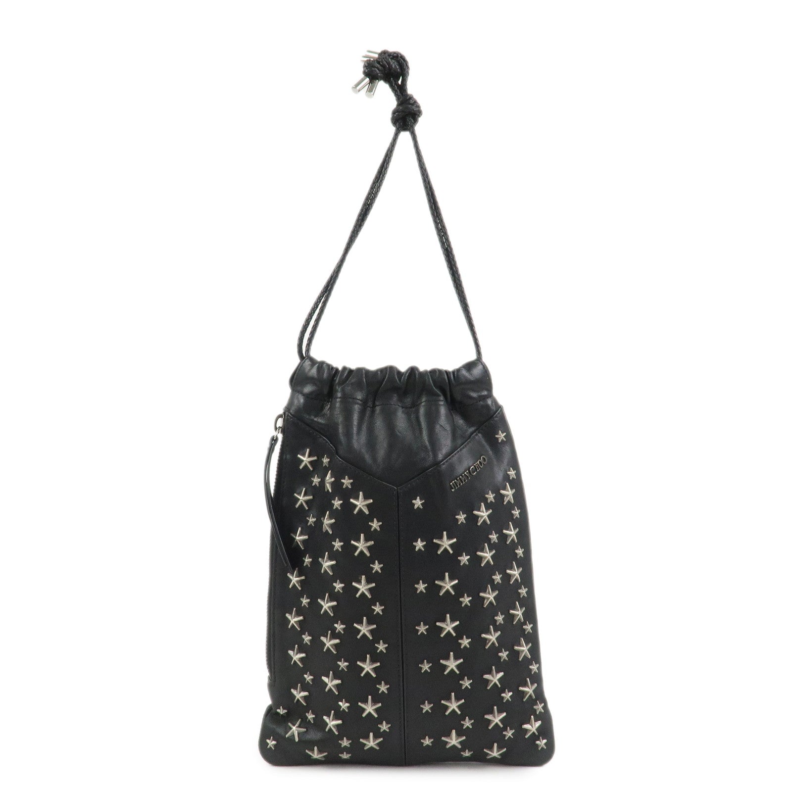 JIMMY CHOO Star Studs Leather Shoulder Bag Hand Bag Black