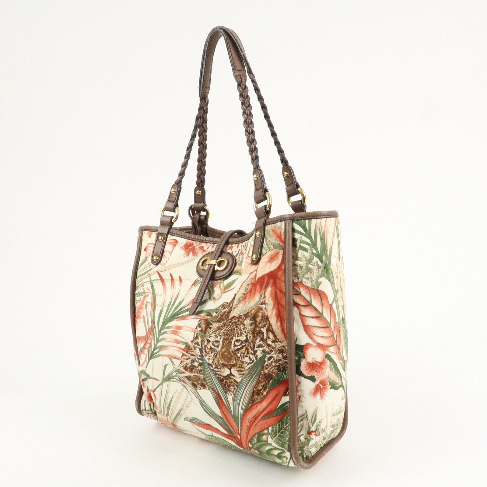 Ferragamo Gancini Leather Nylon Tote Bag Ivory Multicolor