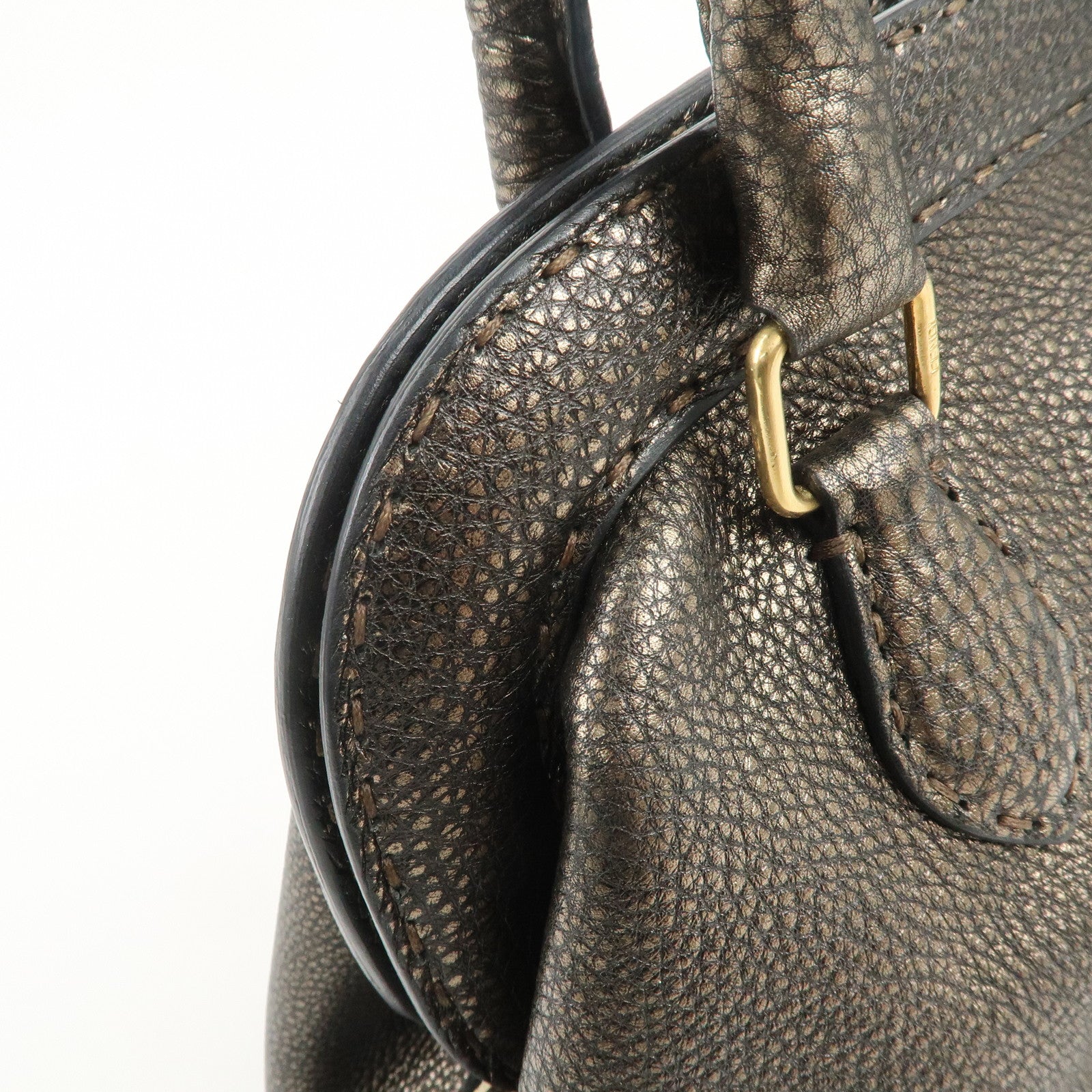FENDI Selleria Leather Boston Bag Hand Bag Metallic Black 8BN127