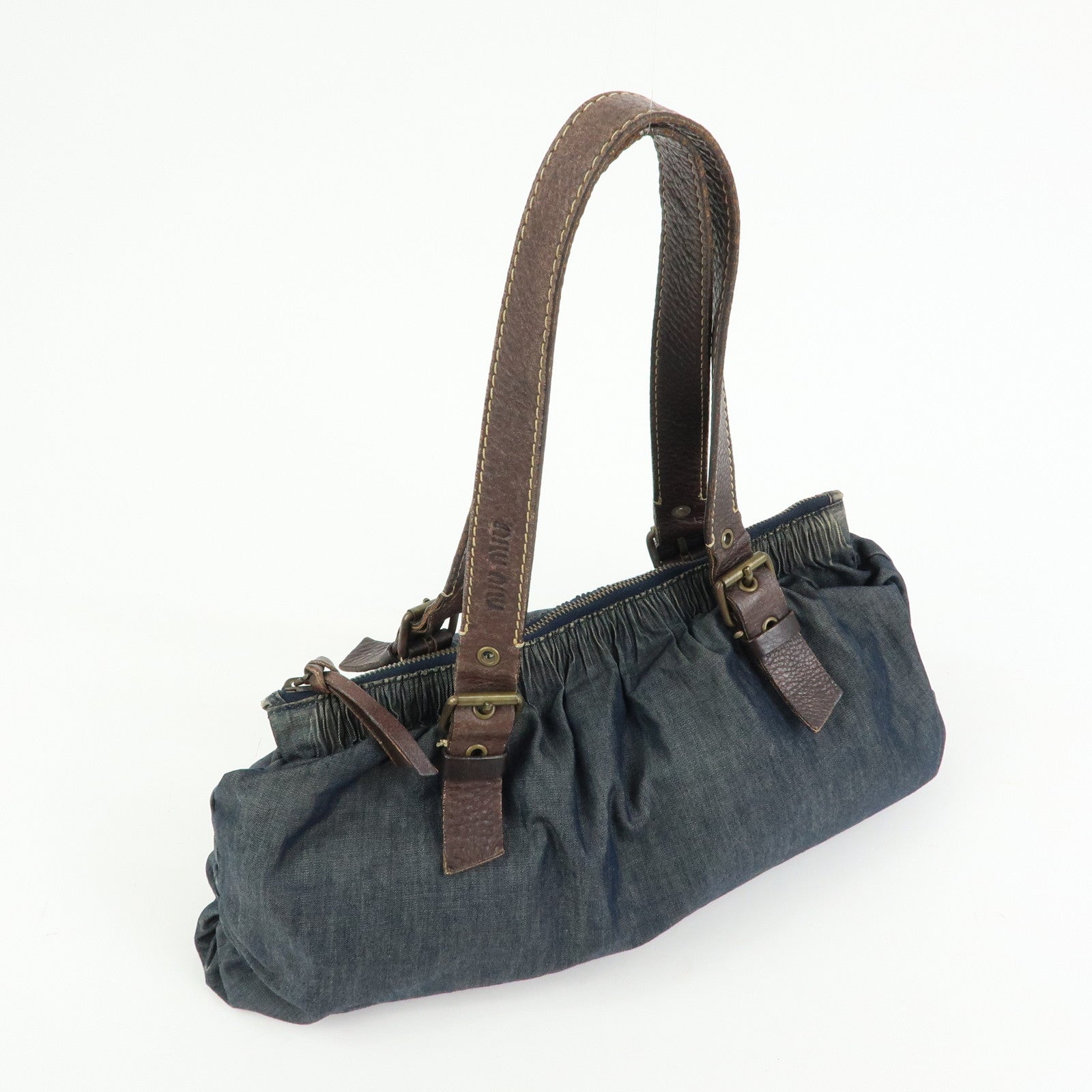 MIU MIU Denim Leather Shoulder Bag Hand Bag Indigo Blue Brown