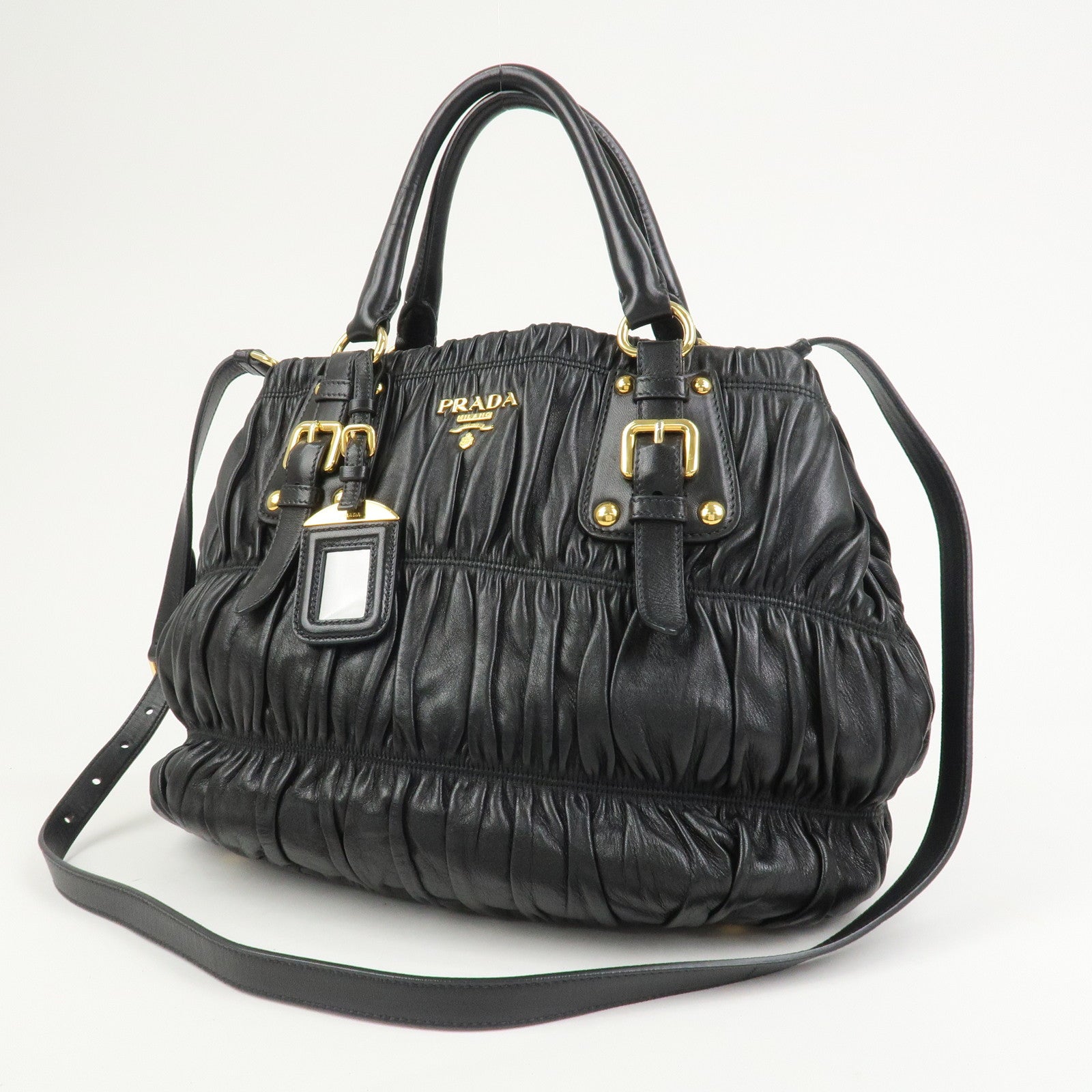 PRADA Leather Gathered 2Way Shoulder Bag Hand Bag Black BN1789