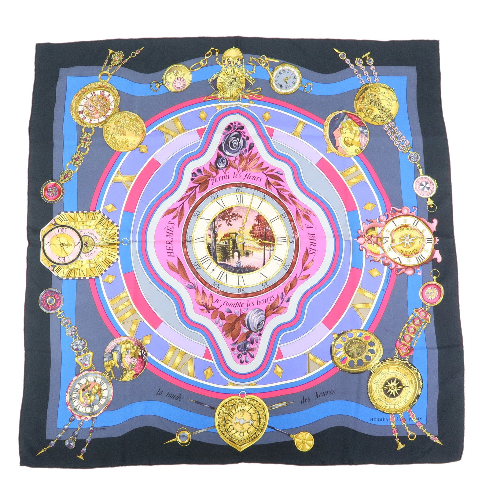 HERMES Carre90 Silk100% Parmi les Fleurs Je Compte les Heures Scarf