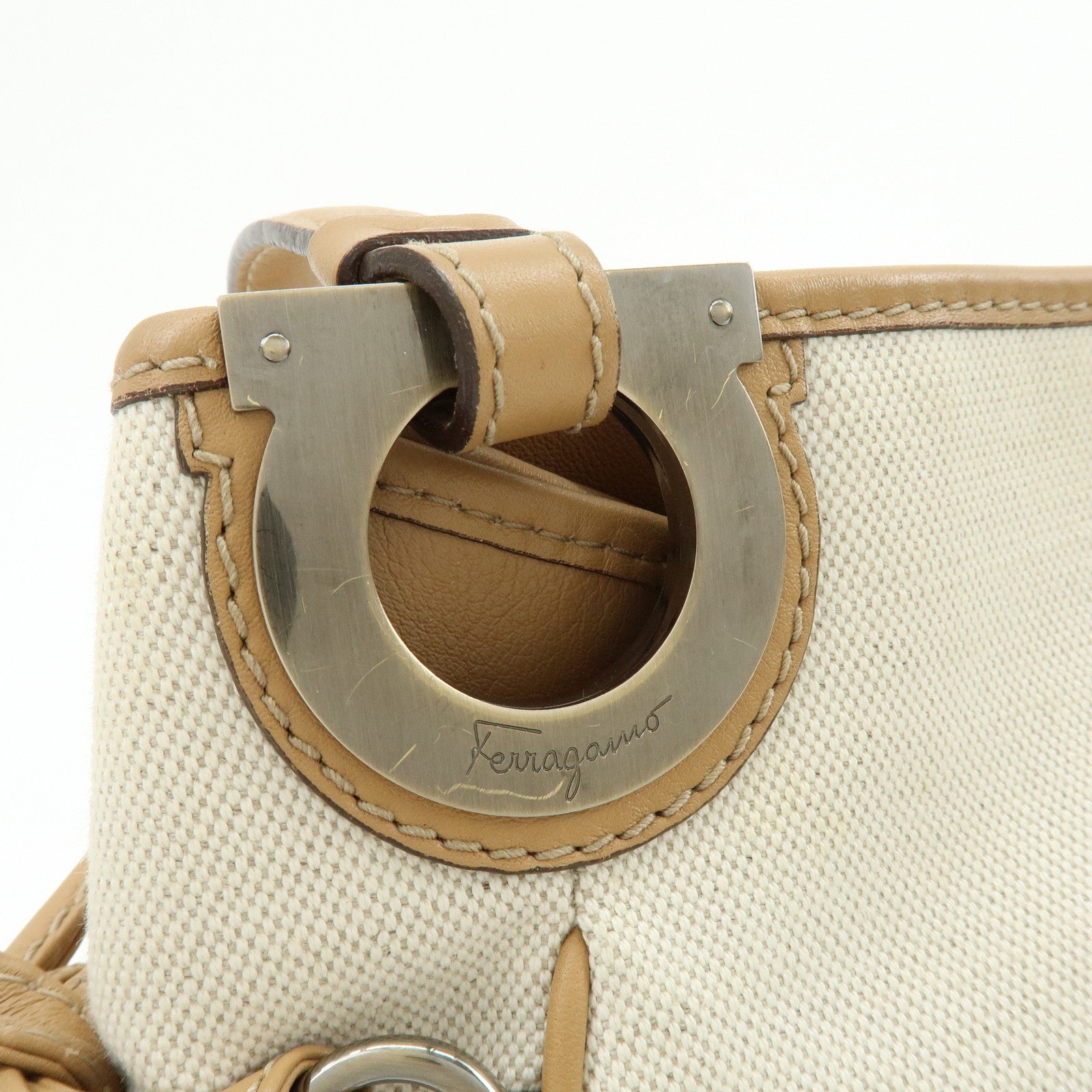 Ferragamo Gancini Canvas Leather Tote Bag Shoulder Bag Natural
