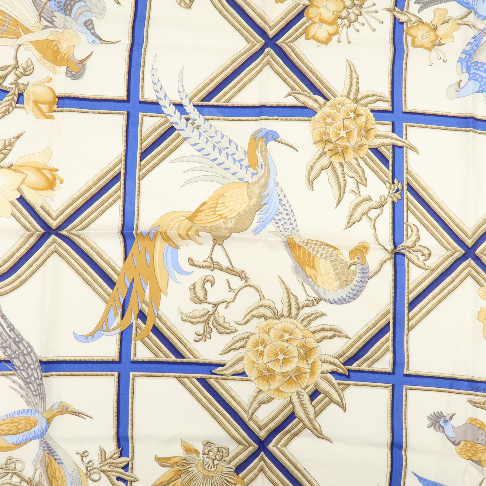 HERMES Carre Silk 100% Scarf Caraibes Oiseaux Ivory Blue