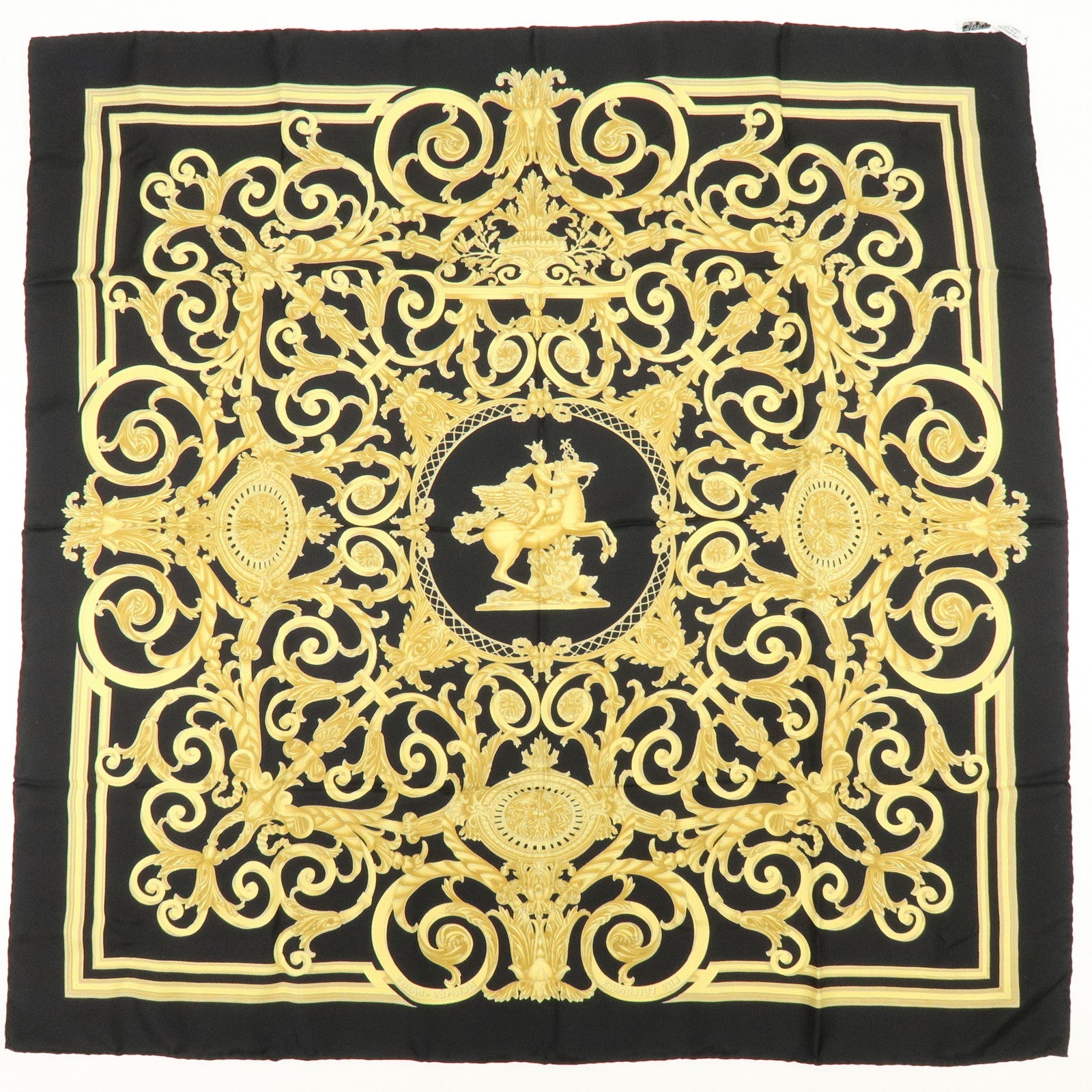 HERMES Carre 90 Silk 100% Scarf LES TUILERIES Black Gold