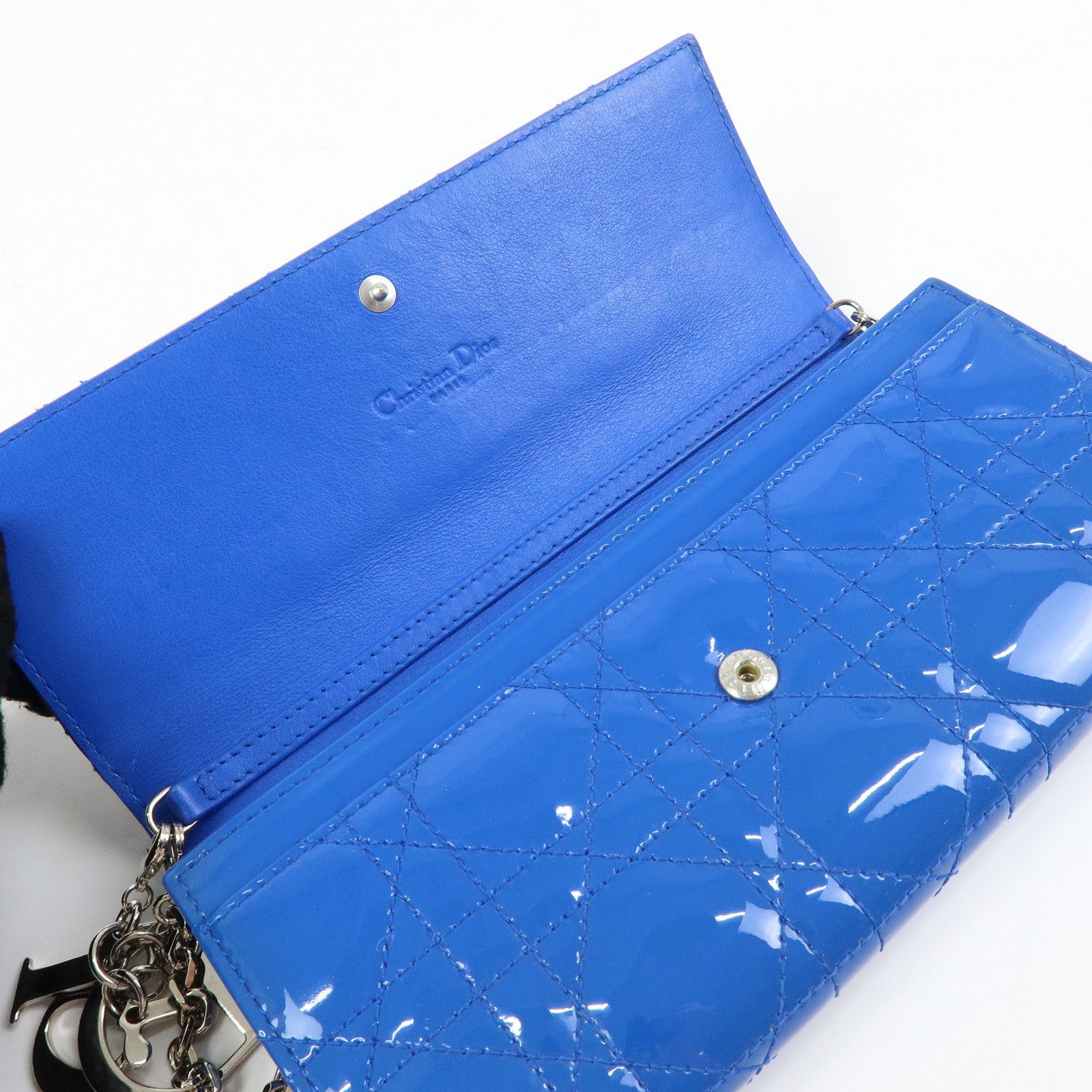 Christian Dior Cannage Patent Leather Chain Wallet WOC Blue Silver