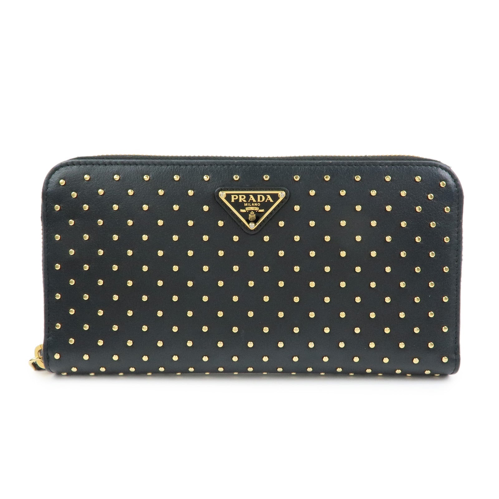 PRADA Triangle Logo Studs Leather Round Zippy Long Wallet Black