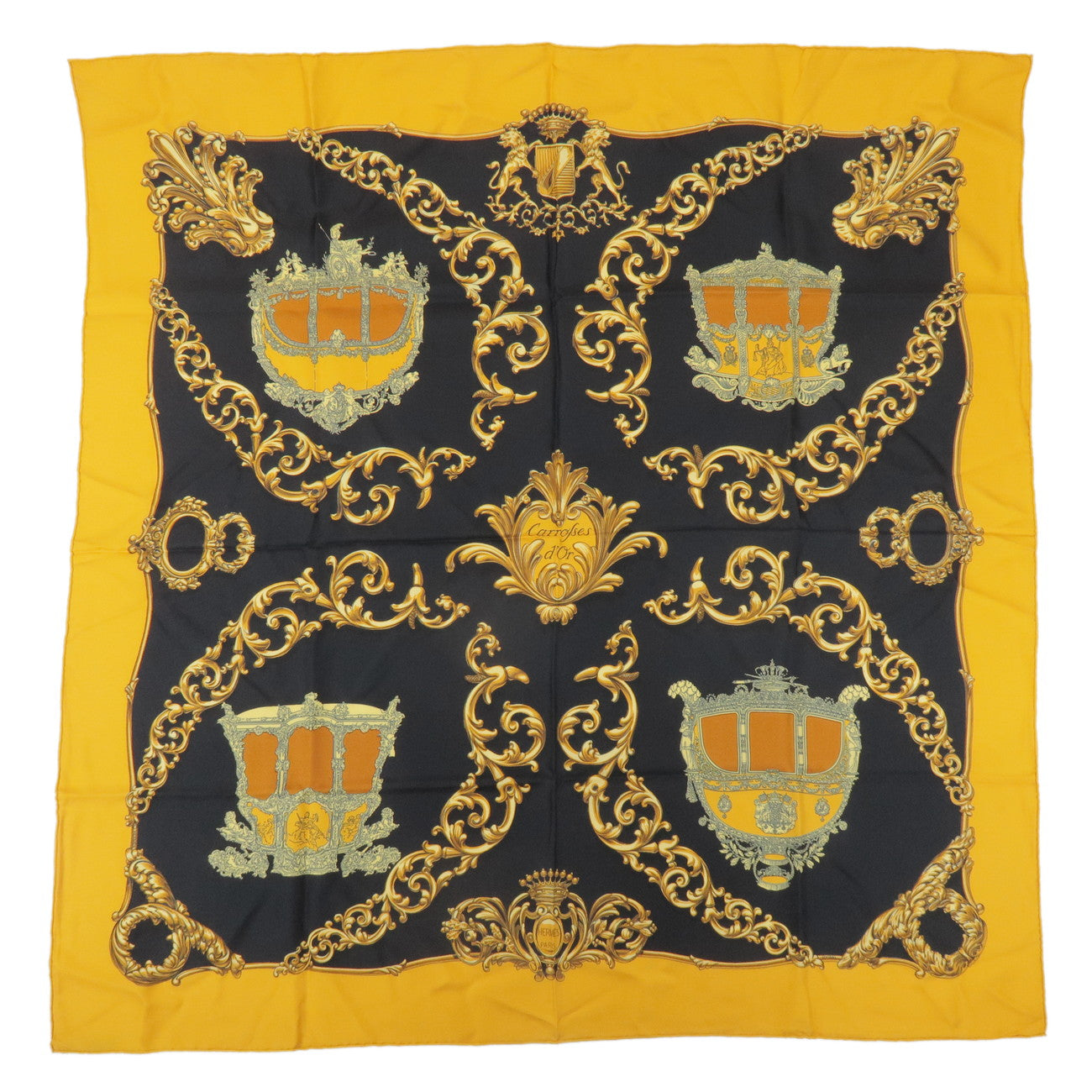 HERMES Carre 90 Silk 100% Scarf Carrosses d'Or Gold Black