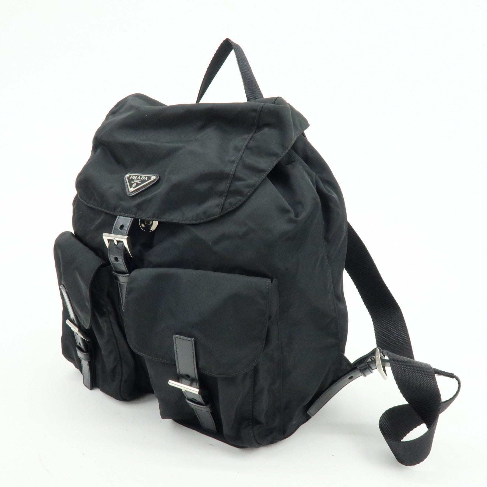 PRADA Triangle Logo Nylon Leather Backpack Rucksuck Black
