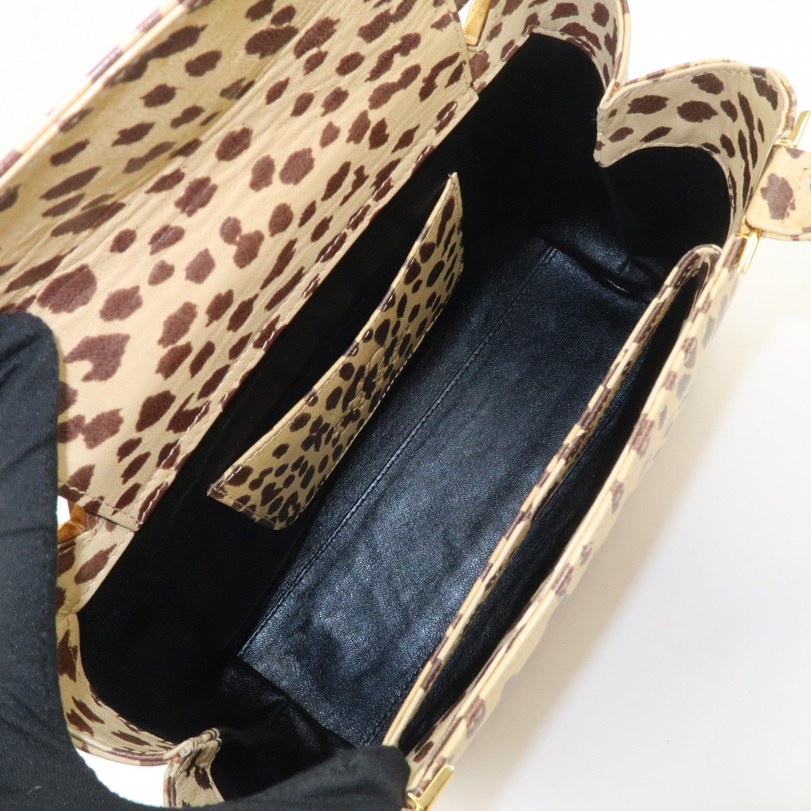 VALENTINO Leather Hand Bag Animal Leopard Beige Brown