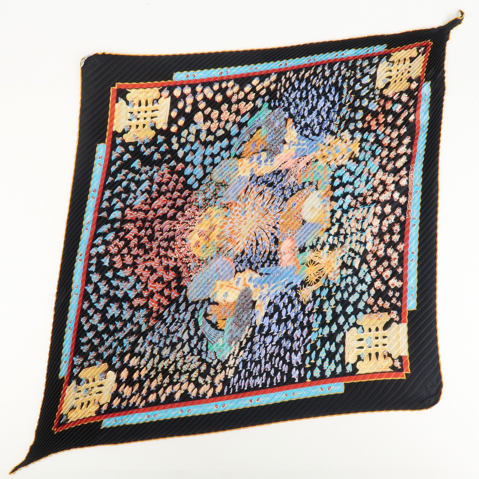 HERMES 100% Silk Pleats Carre Scarf ASTRES et SOLEILS Blue Multi Color Used