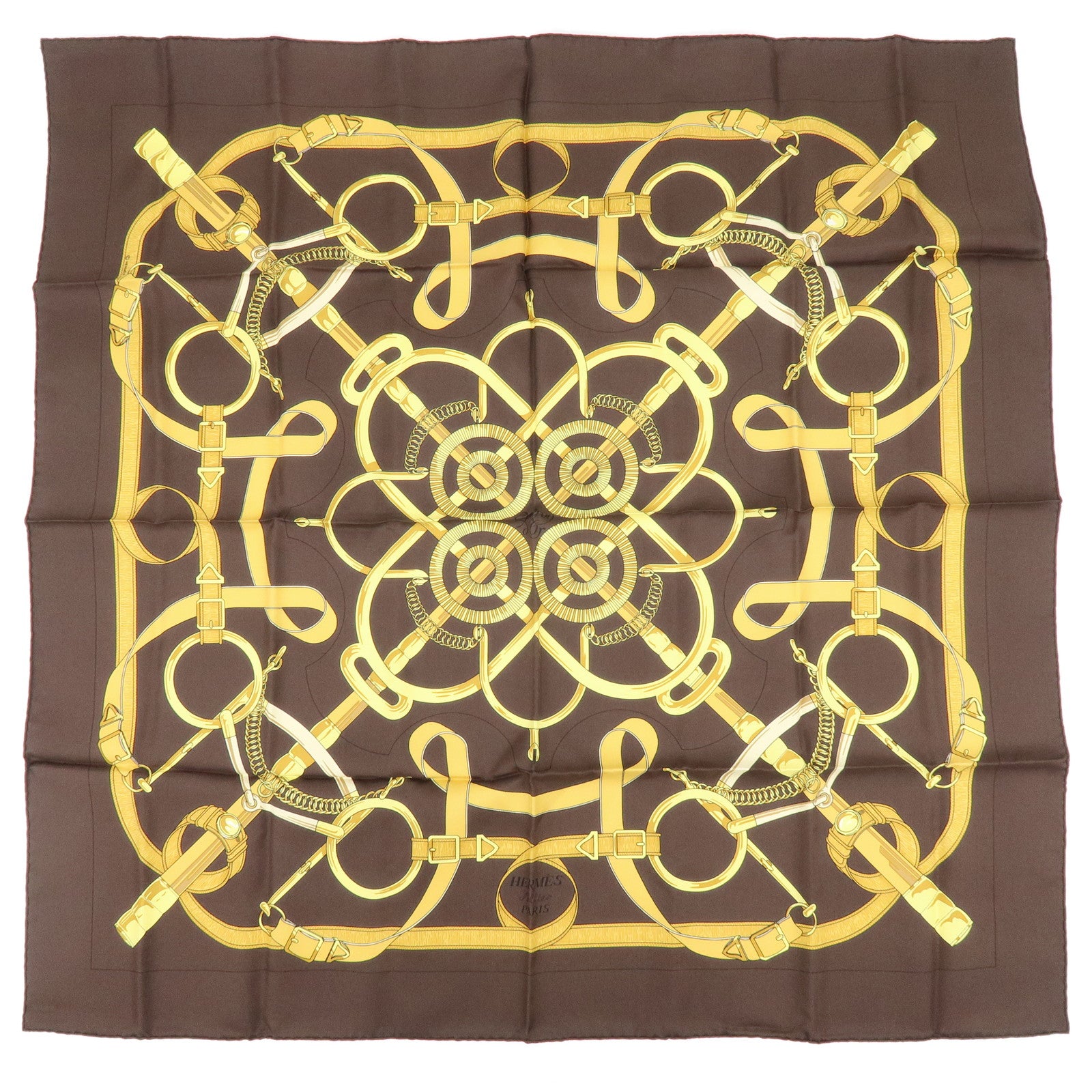 HERMES Carre 90 Silk 100% Scarf Eperon d'or Brown Gold