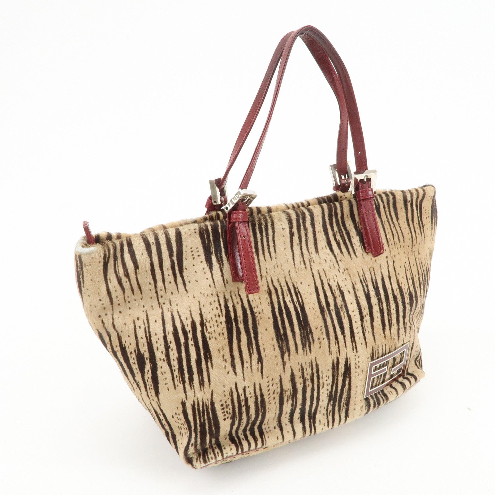 FENDI Calf Hair Leather Tote Bag Hand Bag Beige Red 26634