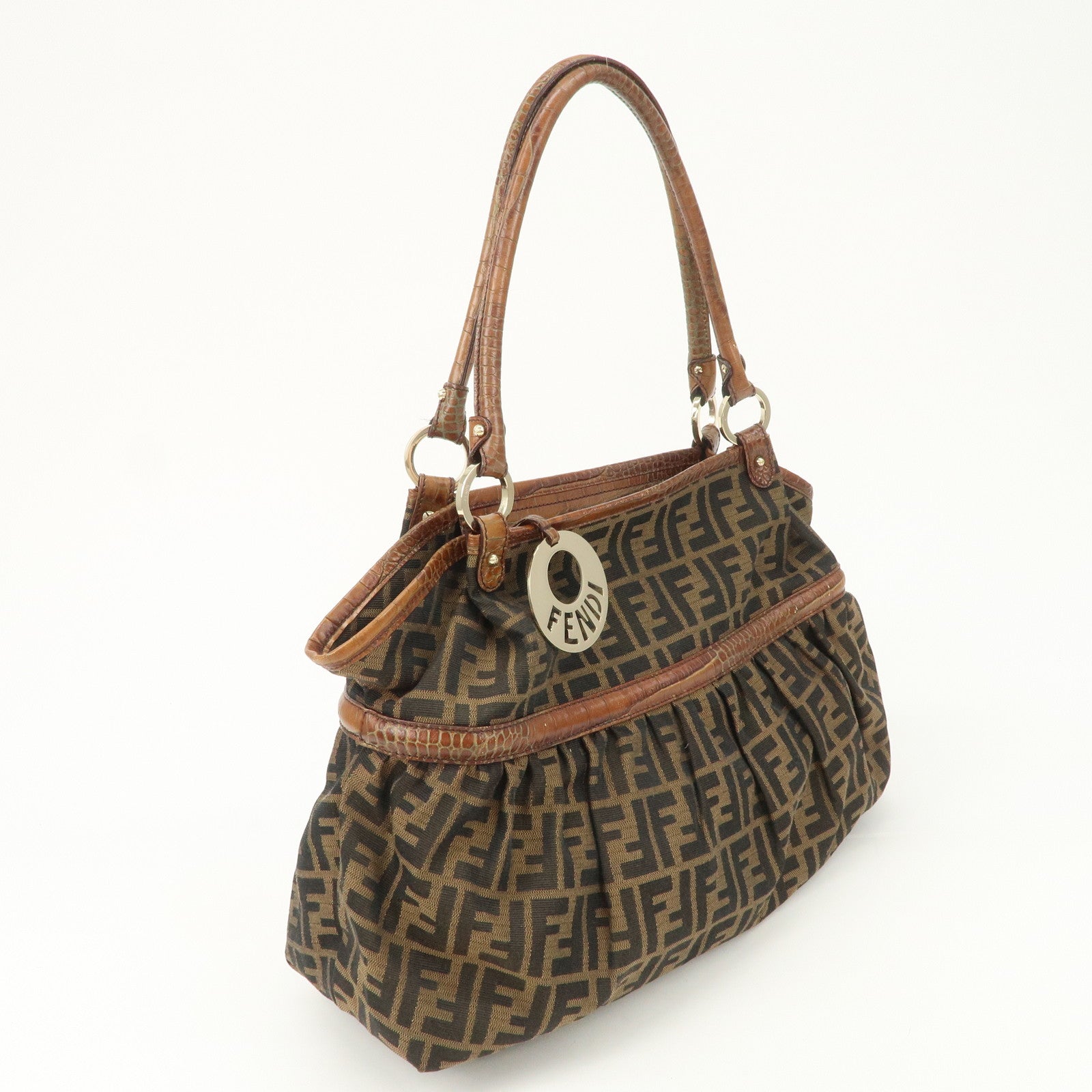 FENDI Zucca Gathered Canvas Leather Shoulder Bag Tote Bag 8BH186