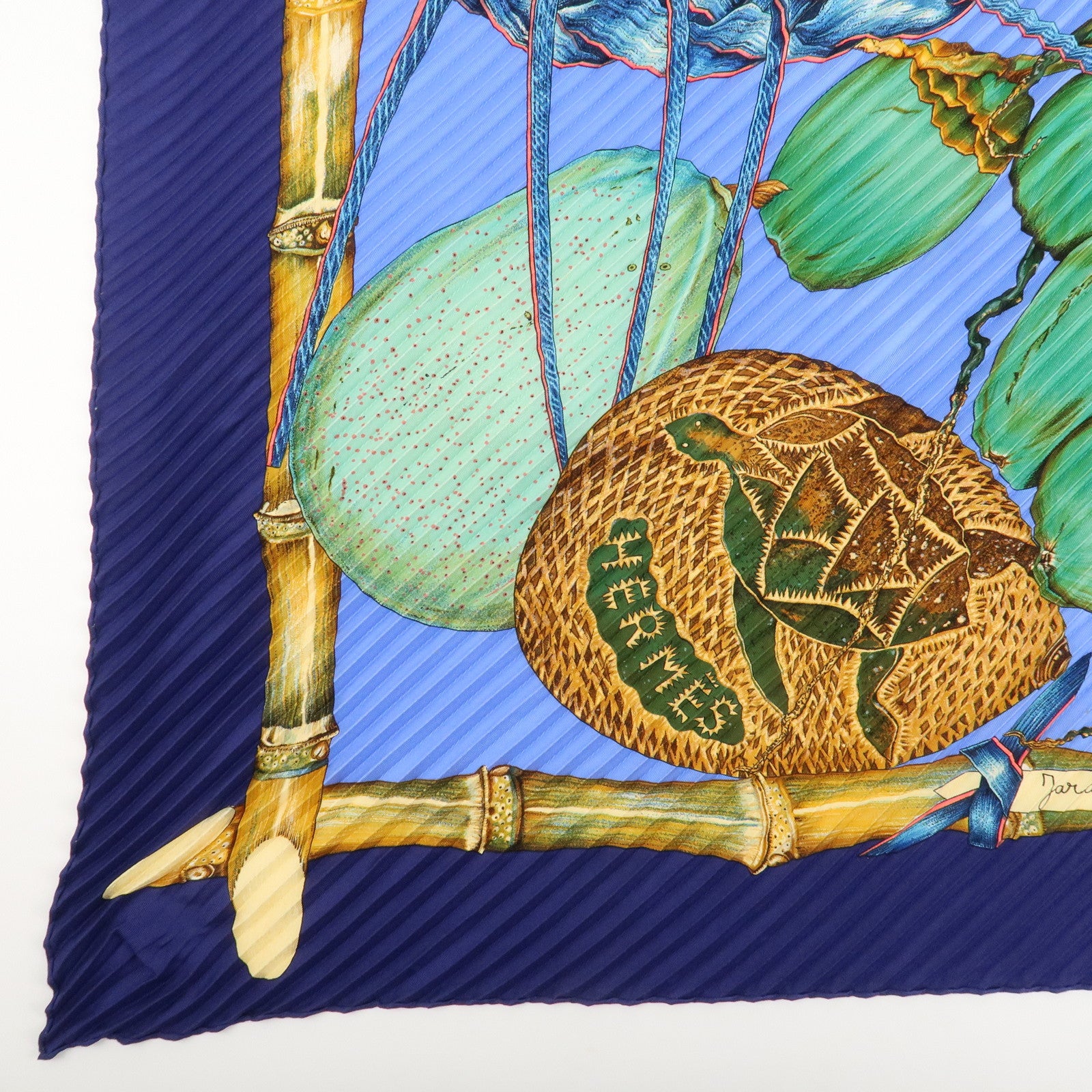 HERMES Carre Silk 100% Pleats Scarf Jardin Creole Blue Green Navy Used