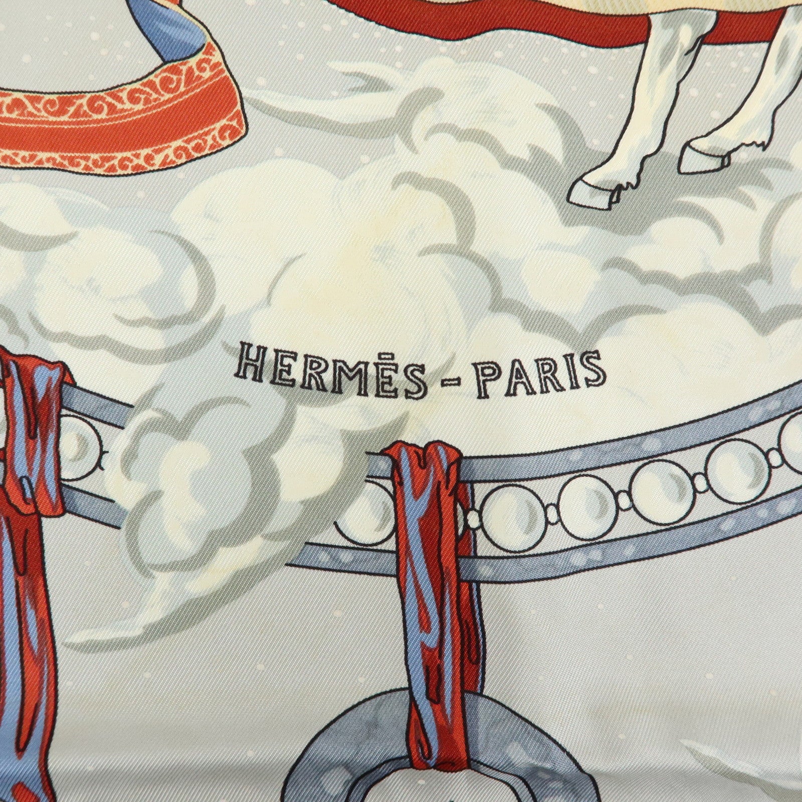 HERMES Carre 90 Silk 100% Scarf CAVALIERS DES NUAGES Gray Blue