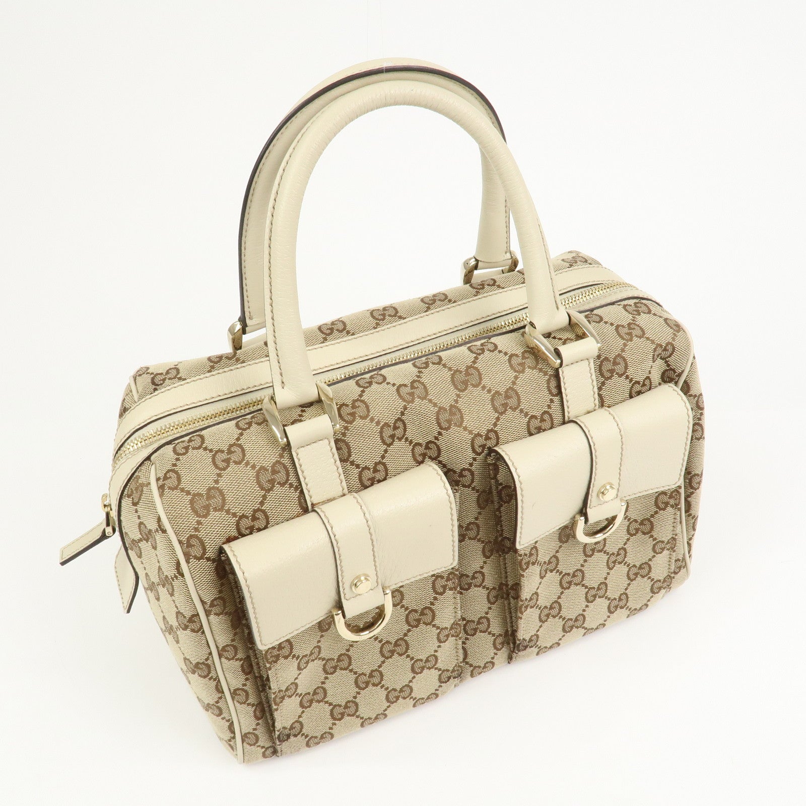 GUCCI GG Canvas Leather Mini Boston Bag Hand Bag Brown Ivory 153026