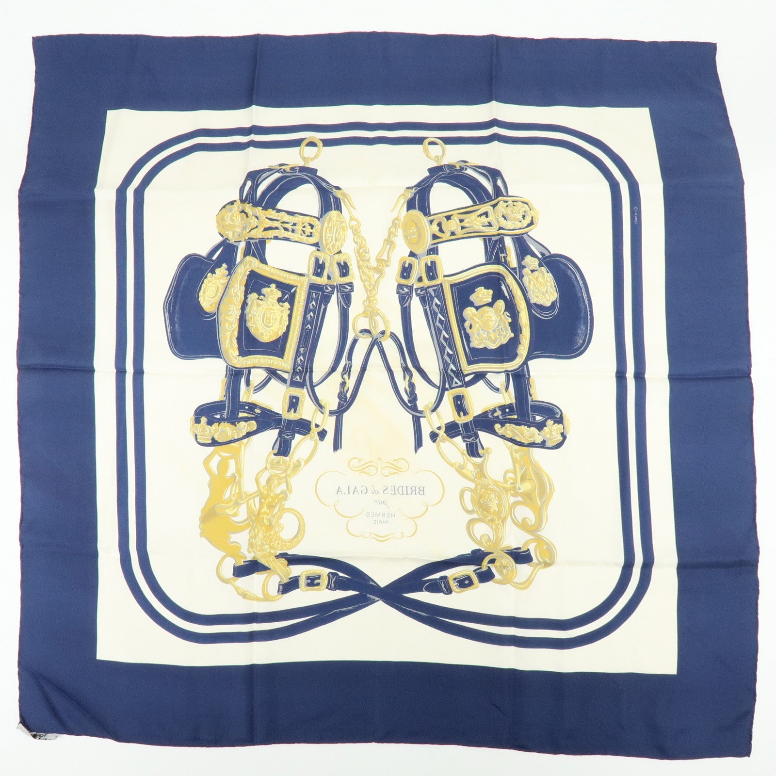 HERMES Carre 90 Set of 2 Silk 100% Scarf Navy Ivory Green Purple