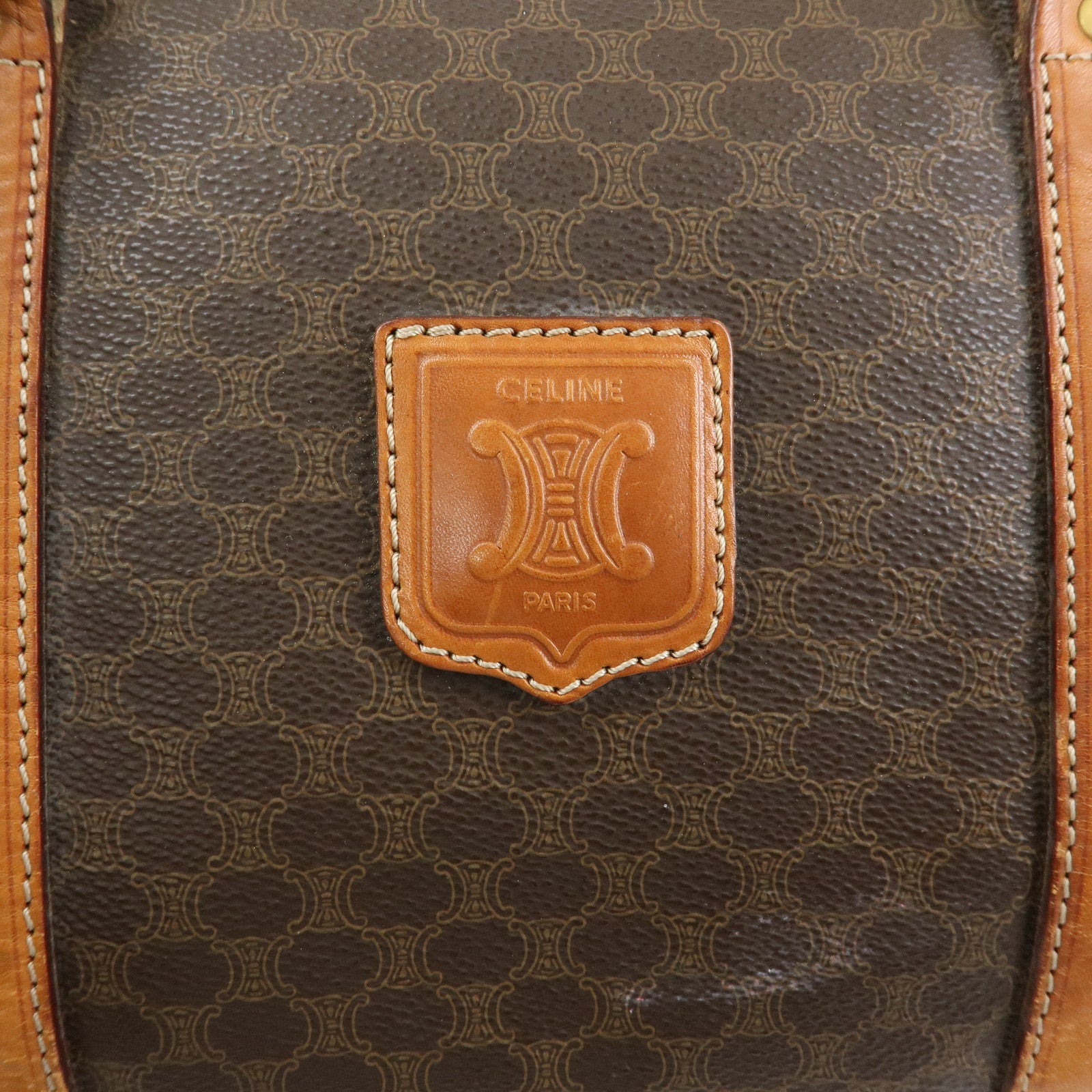 CELINE Logo Macadam PVC Leather Boston Bag Hand Bag Brown
