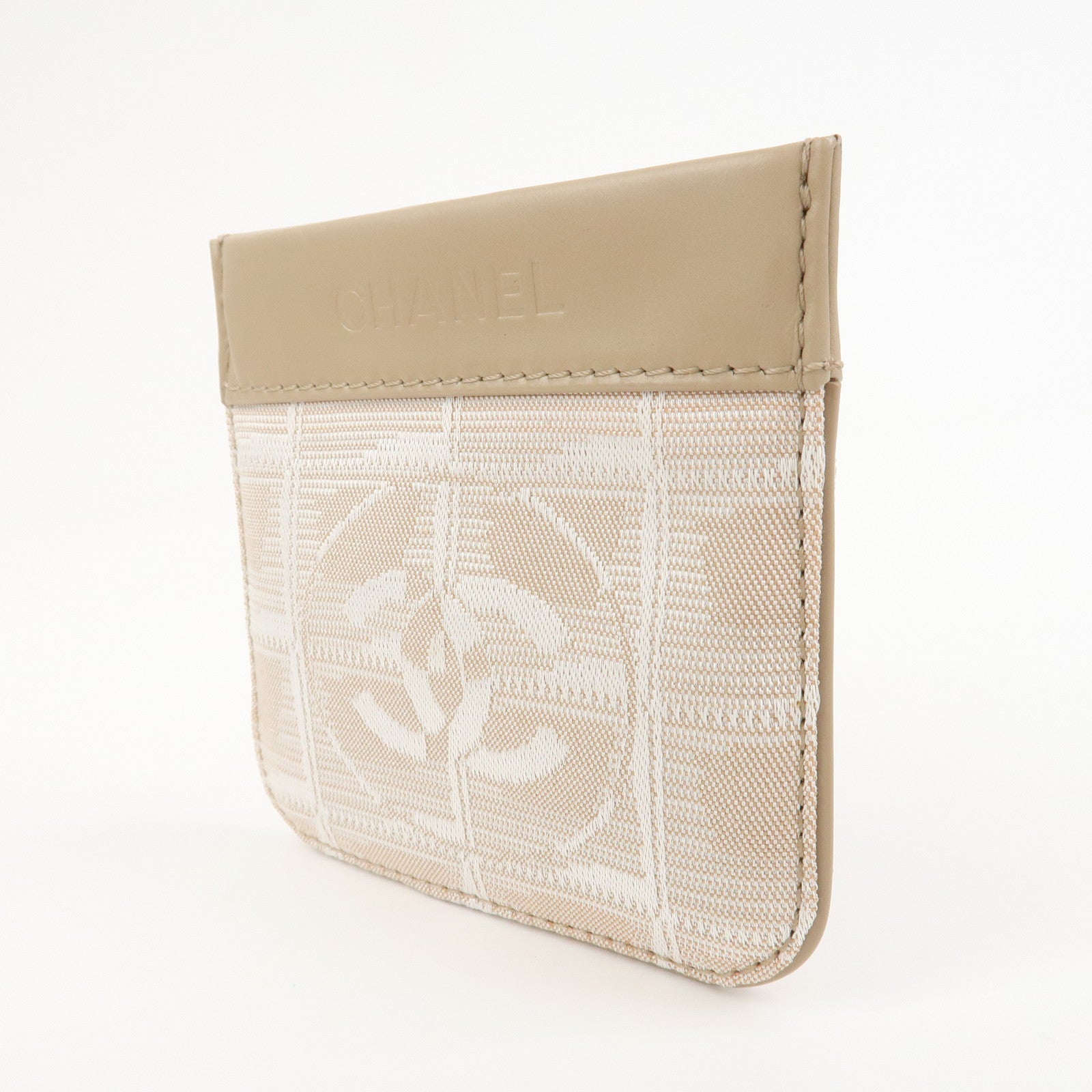 CHANEL New Travel Line Nylon Jacquard Leather Coin Case Greige