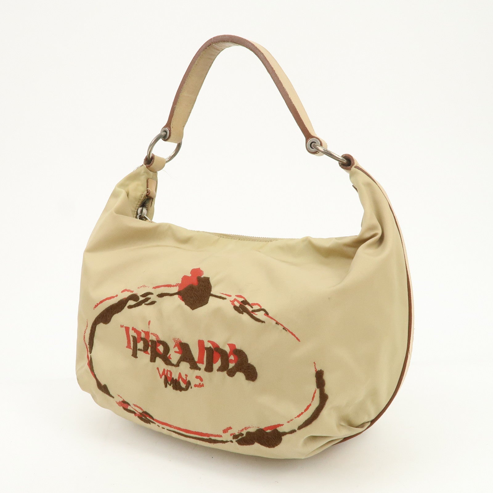 PRADA Logo Nylon Leather Shoulder Bag Hand Bag Beige BR3315