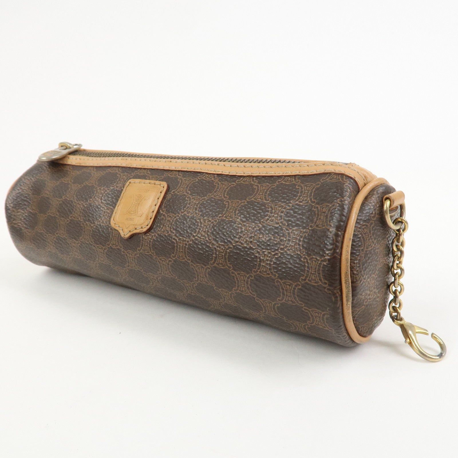 CELINE Macadam PVC Canvas Leather Cosmetic Makeup Pouch Brown