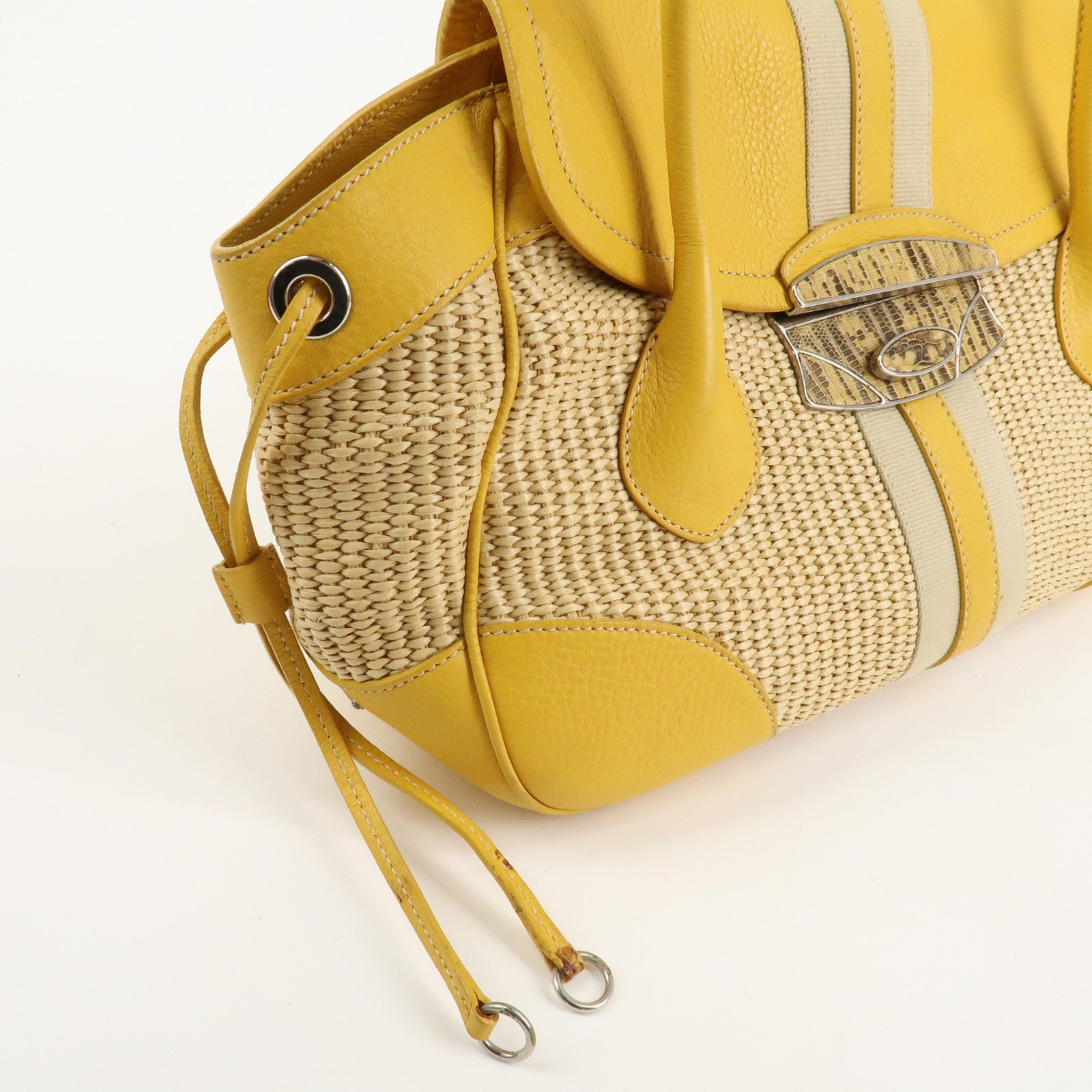 PRADA Triangle Logo Leather Raffia Tote Bag Beige Yellow Used