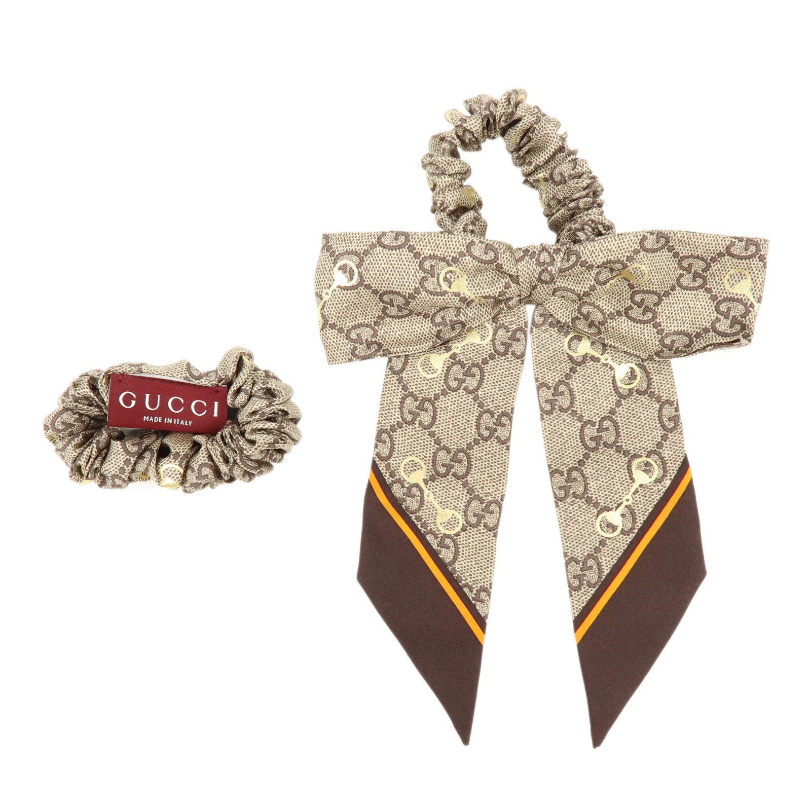 GUCCI Horsebit Silk 100% Scrunchie Hair Accessory Gray Beige Brown